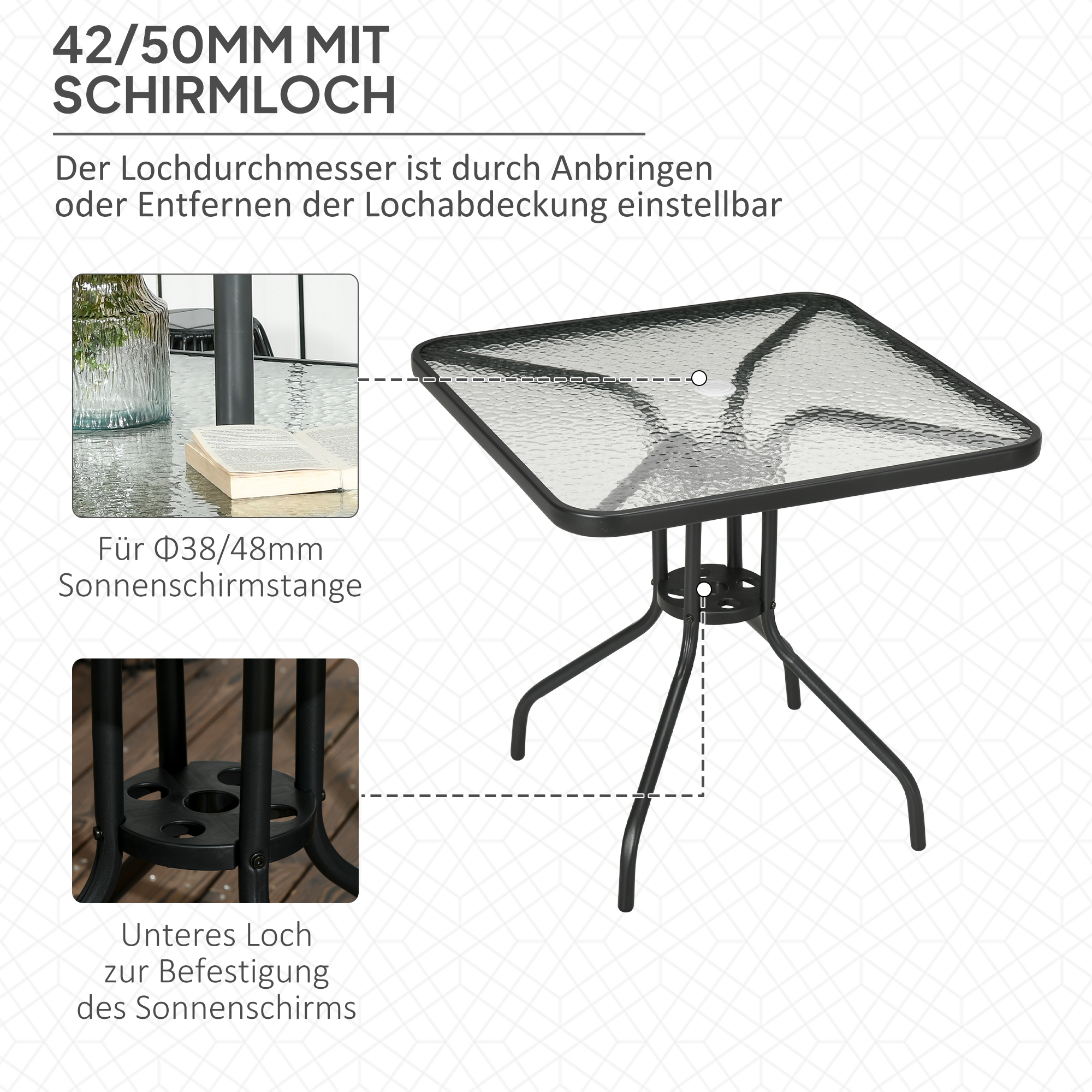 Gartentisch Abnehmbar Metall 76x76 cm Wetterfest Balkontisch mit Schirmloch, rutschfest Schwarz