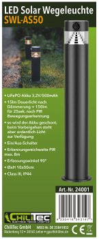 LED Solar Wegeleuchte "SWL-AS50", IP44, warmweiß 3000K, PIR Sensor, 50cm