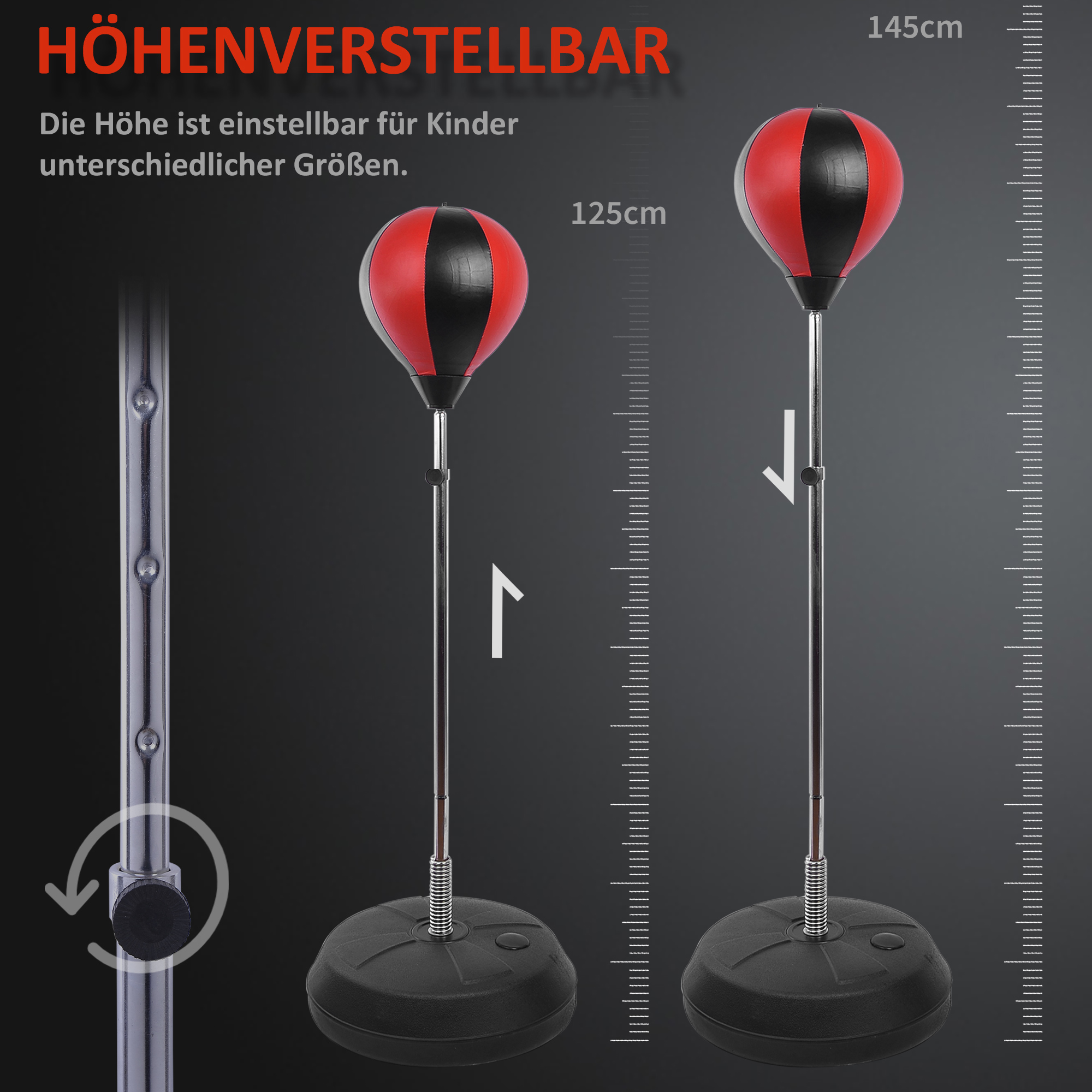 Punchingball Set Standbox Training Set 125/131/138/145cm höhenverstellbar mit 1 paar Handschuhe 1 Pump Geeignet für Profis und Anfänger Rot