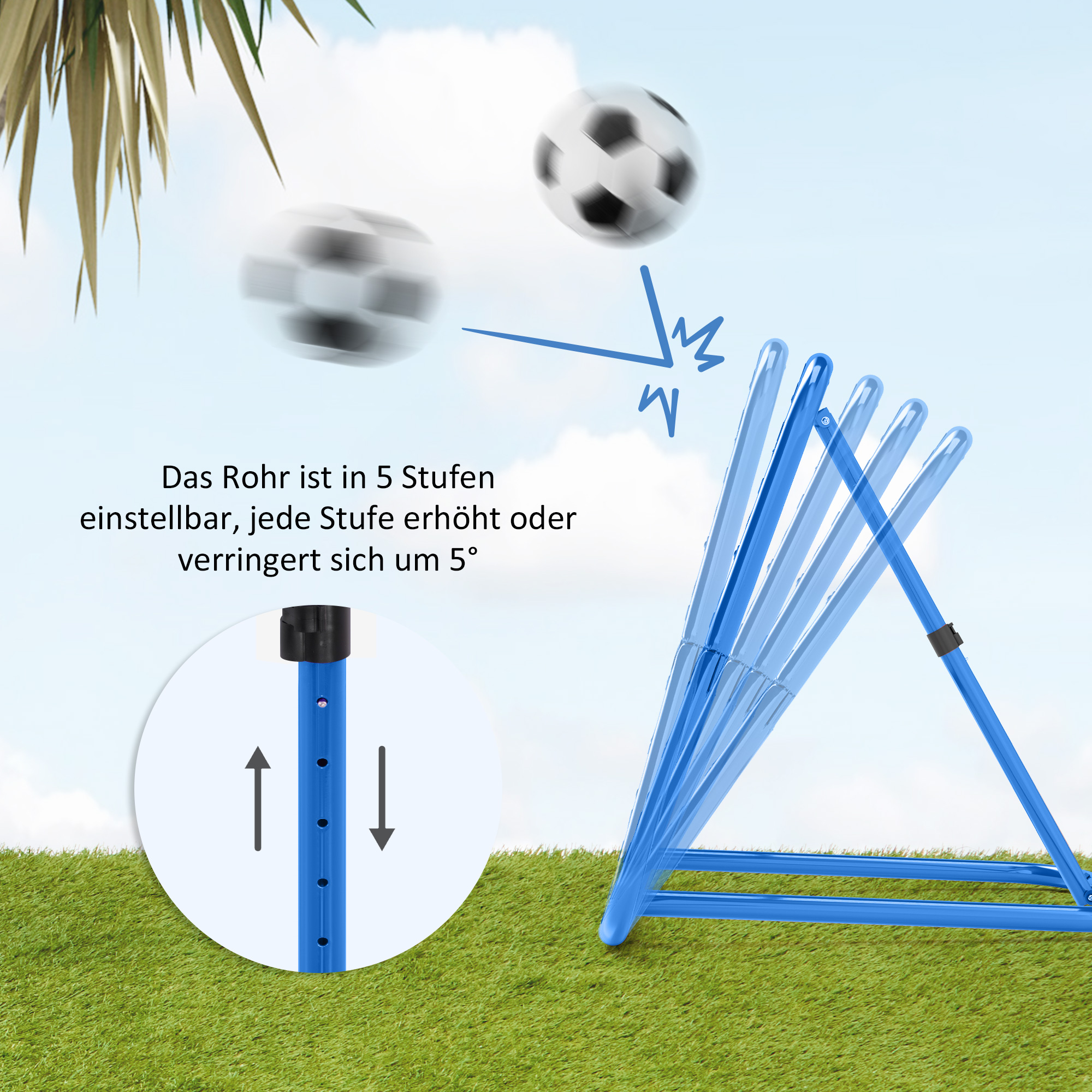 Fußball Rebounder-Netz, klappbar, Rückprallwand, Verstellbar in 5 Stufen, Metall, 78 x 84 x 65-78 cm, Blau