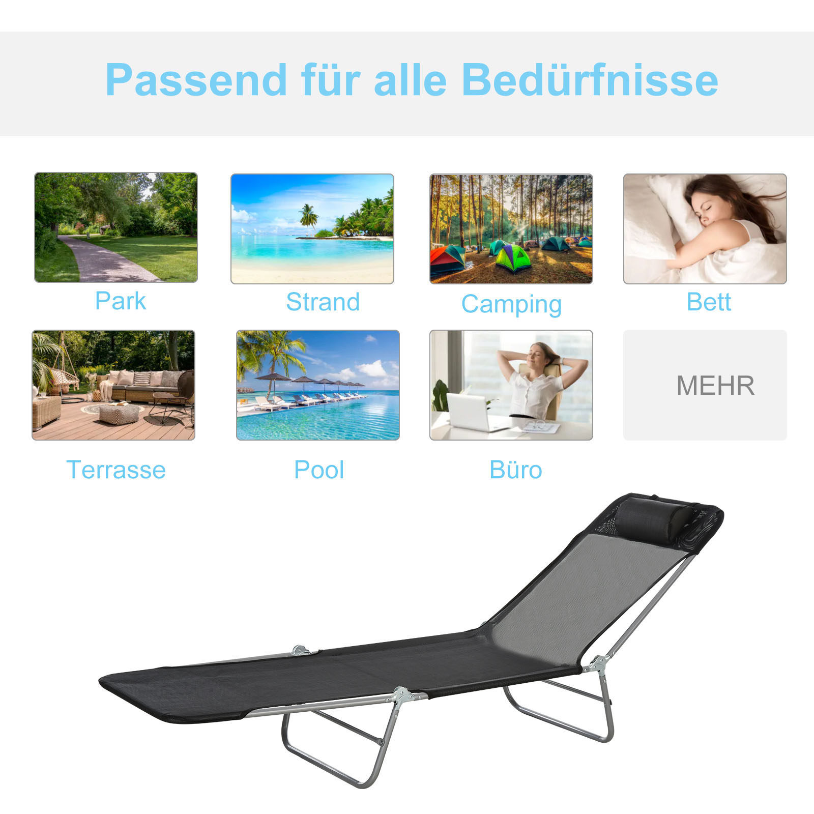 Sonnenliege klappbar Gartenliege mit Kopfkissen Liegestuhl verstellbar mit 5-Fach Campingliege bis 120kg belastbar für Garten, Balkon und Pool geeignet, 4 Farben(Schwarz)