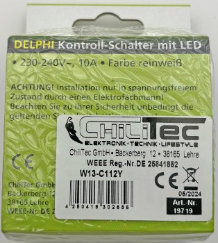 DELPHI Kontroll-Schalter mit Lämpchen, 250V~/ 10A, inkl. Rahmen, UP, weiß