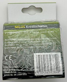MILOS Kreuzschalter weiß matt, 250V~/ 10A, inkl. Rahmen, UP