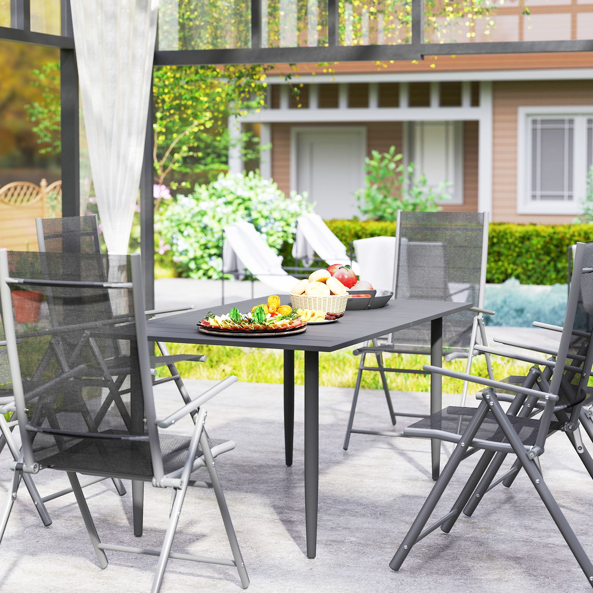 Gartentisch 150x90cm, Wetterfest Balkontisch aus Stahl, Balkontisch mit Schirmloch Schwarz