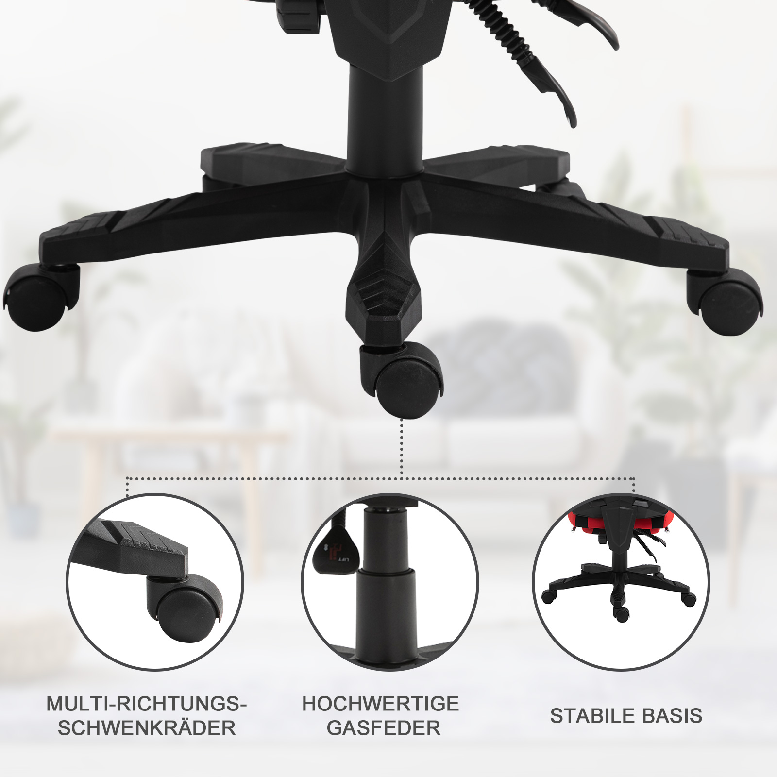 Ergonomischer Bürostuhl, Gaming Stuhl, Drehstuhl mit Fußstütze, PC Stuhl, Chefsessel,  höhenverstellbar, Polyester, Schwarz+Rot,58 x 63 x 112-122 cm