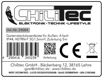 Gartensteckdosenleiste für Außen, 4-fach, IP44, H07RN-F 3G1,5mm², Zuleitung 5m