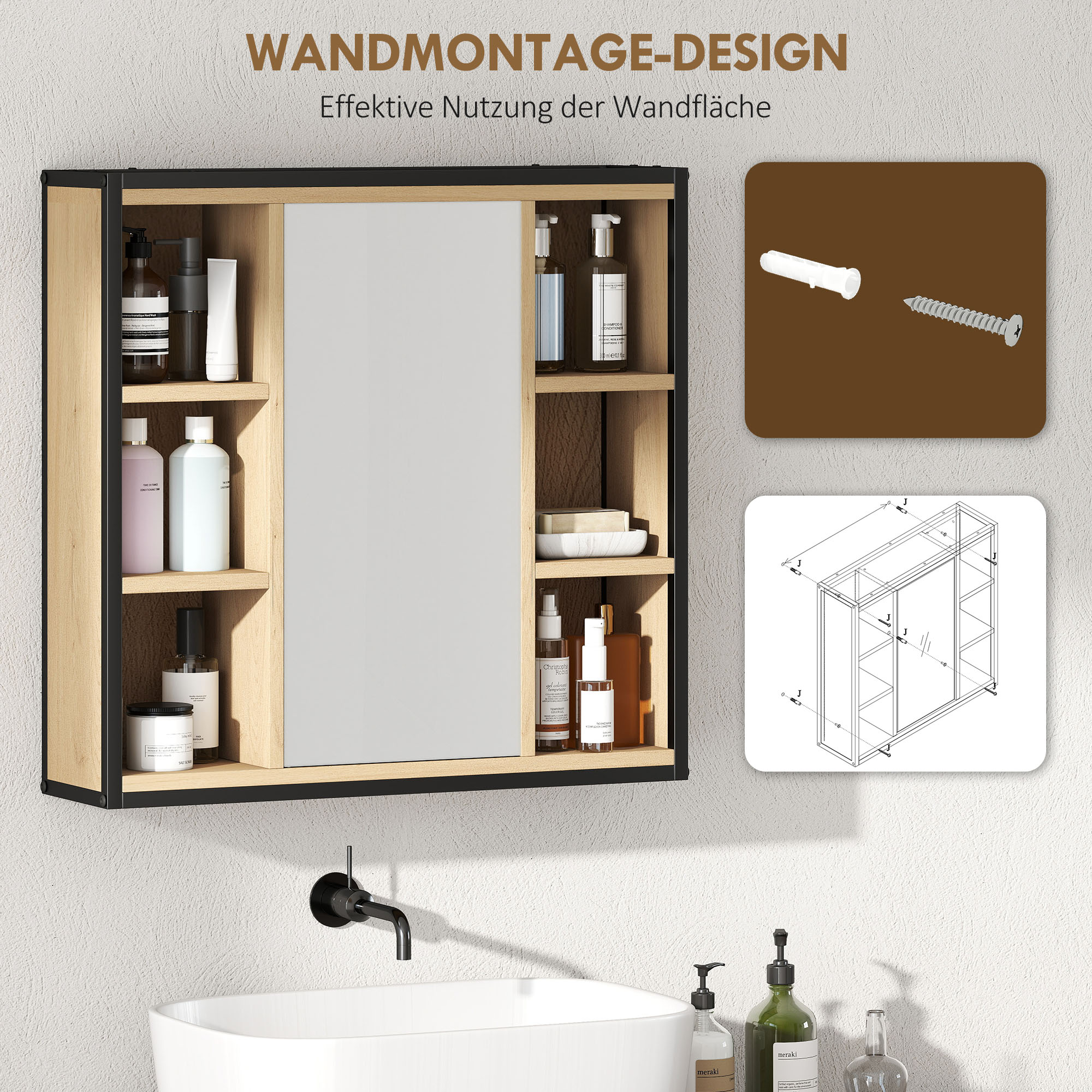 Badezimmer-Spiegelschrank, 6 offene Fächer, 3-stufiges Regal, Wandmontage, Eiche