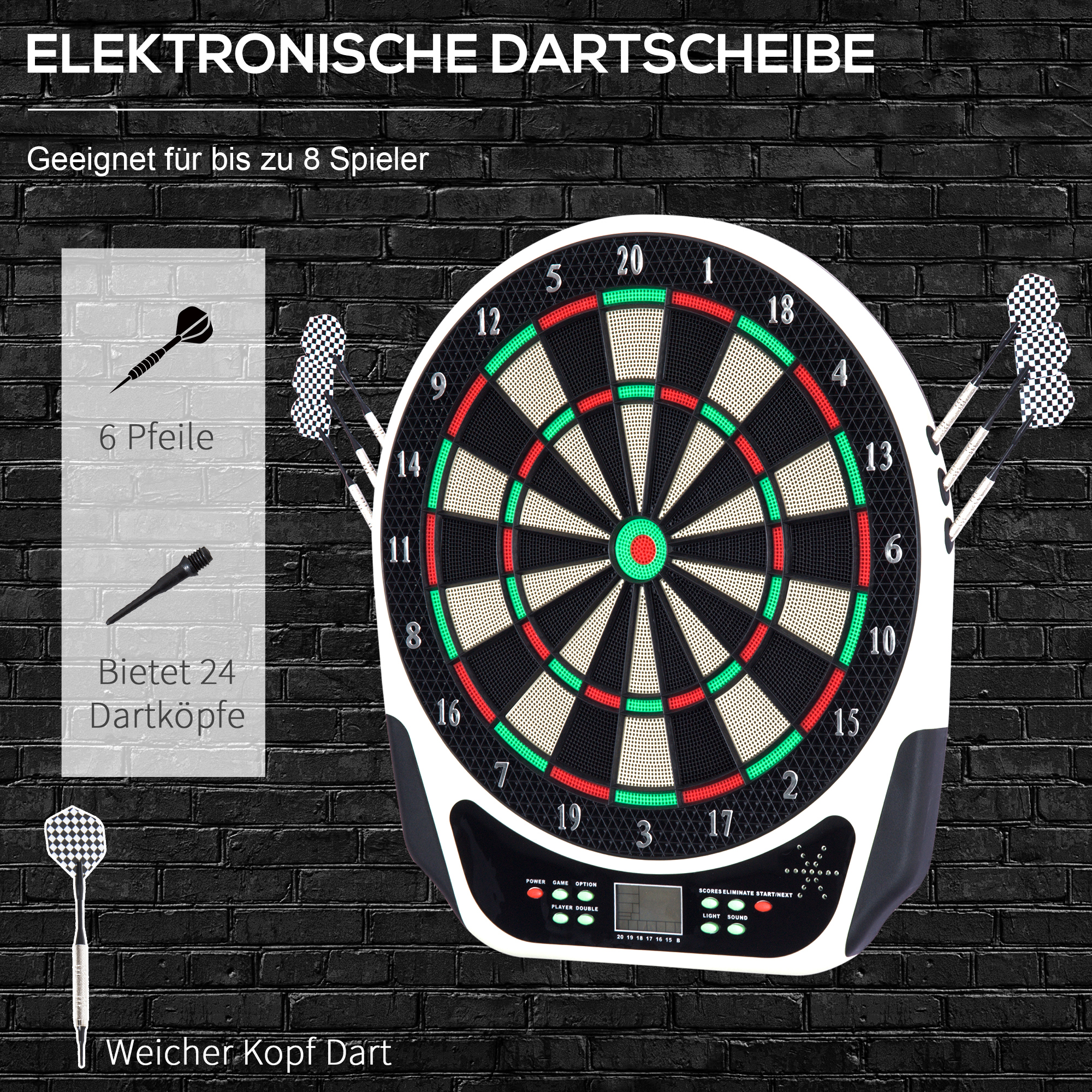 Elektronische Dartscheibe Dartboard mit Sprachansagen LED-Anzeigen 6 Darts 24 Dartköpfe 18 Spiele 159 Varianten Dartautomat Dartscheibe Set für bis zu 8 Spieler