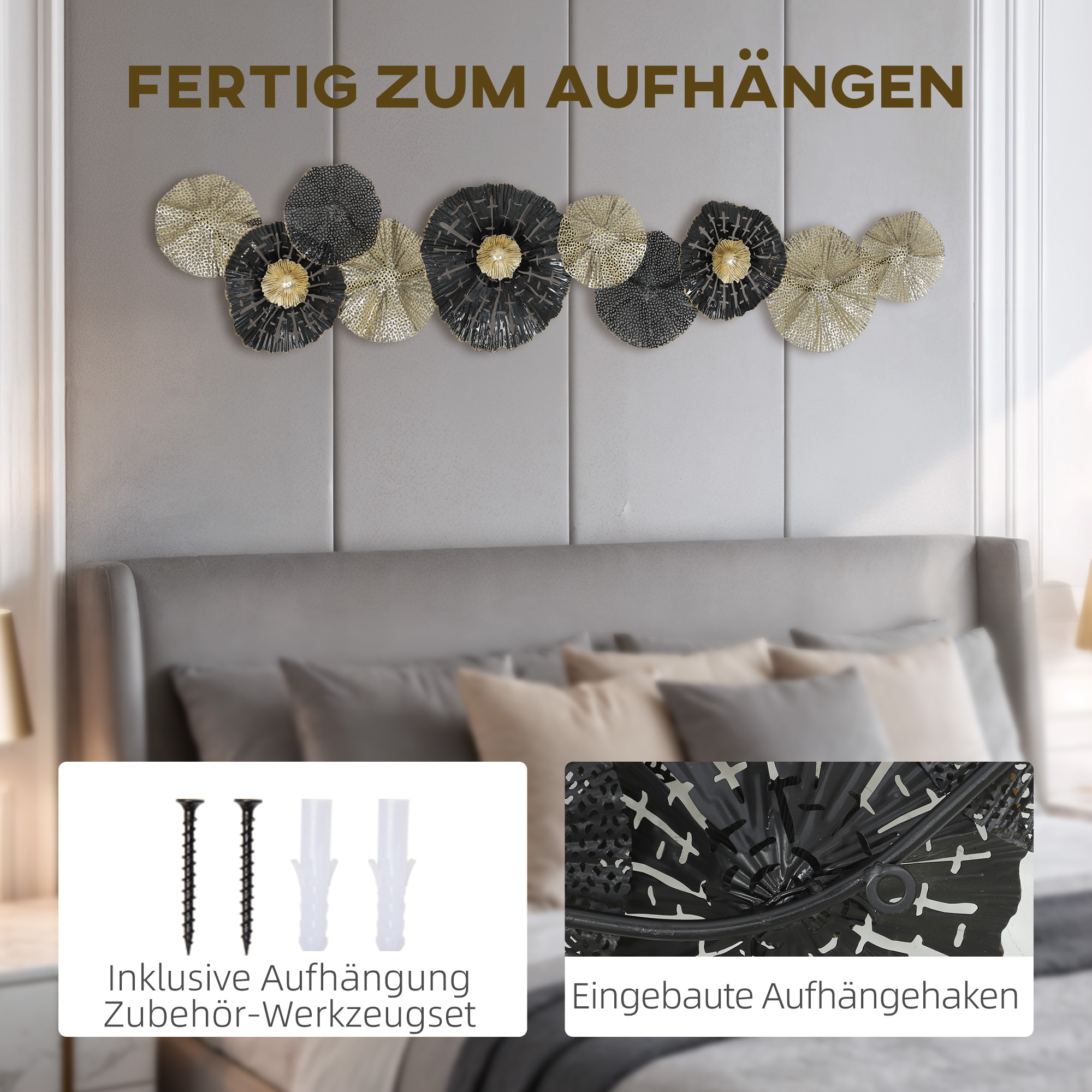 Wandbild, Wandschmuck mit Metallrahmen, moderner Stil, Schwarz+Gold