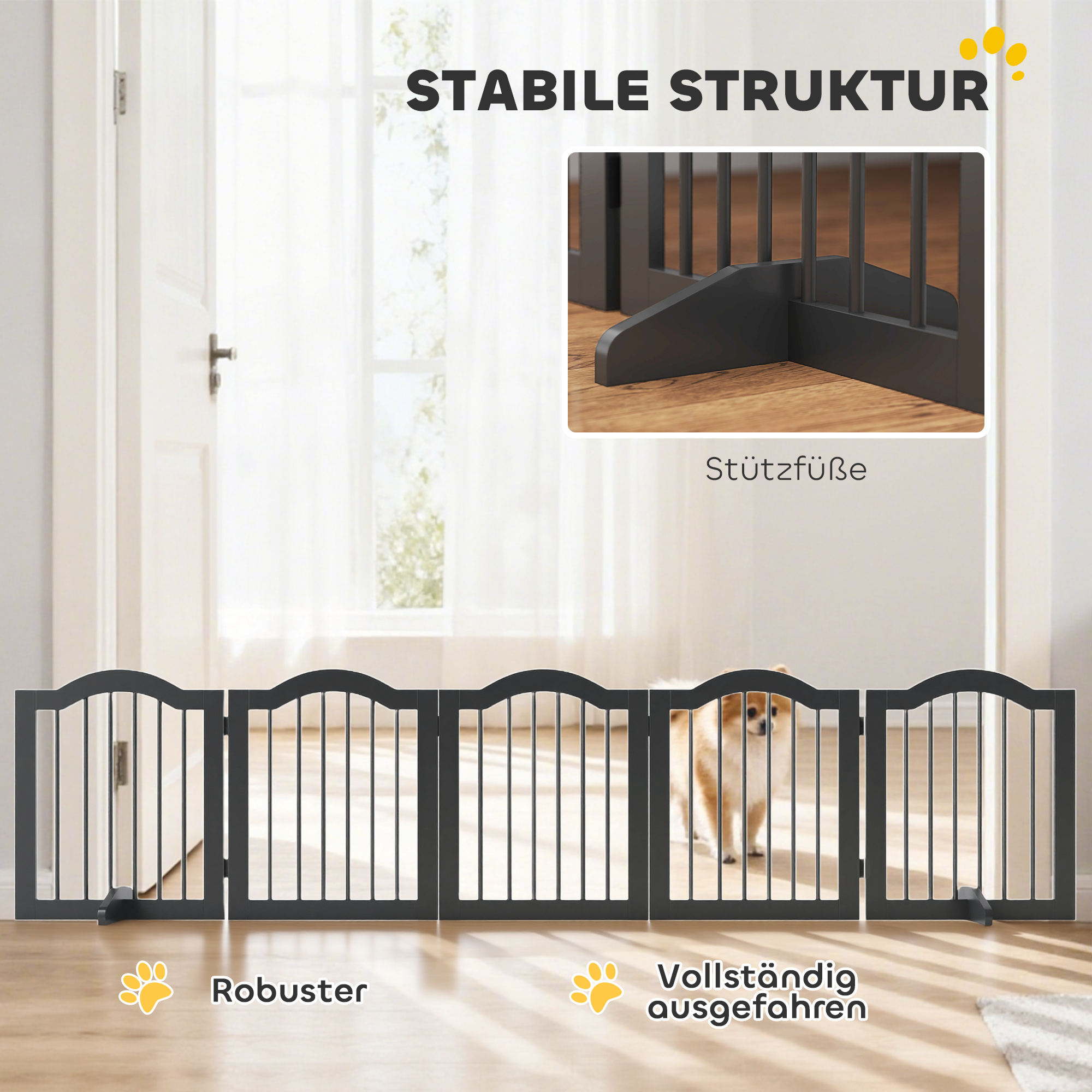 Absperrgitter Hund Freistehendes Schutzgitter mit Füßen, Klappbar Hundegitter, 5 Paneelen, 261,5 x 29,5 x 61 cm, Schwarz
