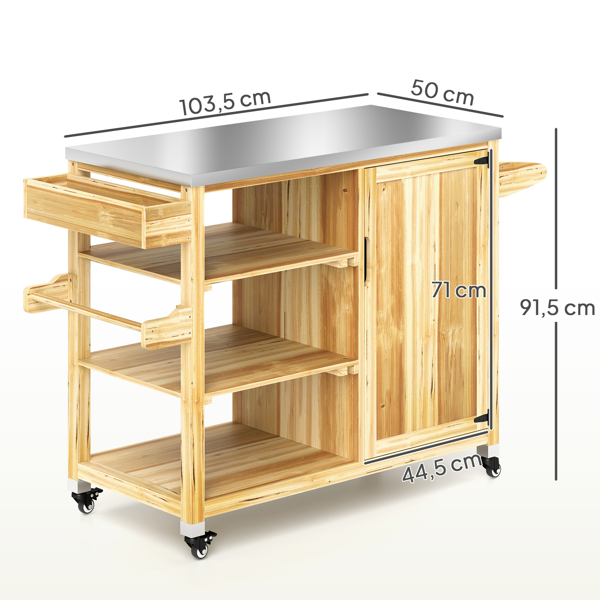 Outdoor-Kücheninsel, Grillwagen mit Schrank und Regalen, Küchenwagen aus Holz und Edelstahl, mit Rollen, Naturholz