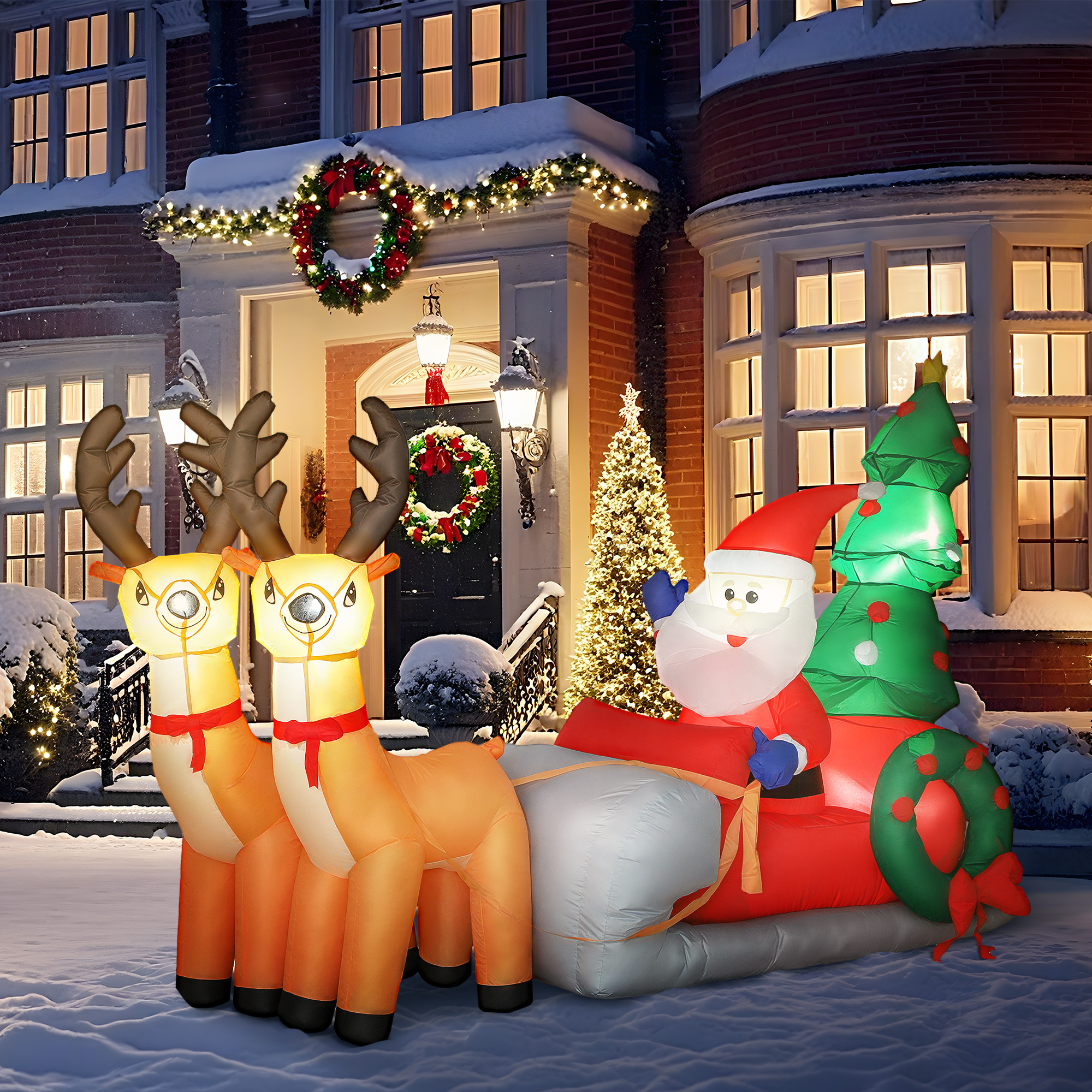 Aufblasbare Weihnachtsdekoration, Weihnachtsmann in Rentierschlitten, Polyesterstoff, LED-Lichter, Bunt