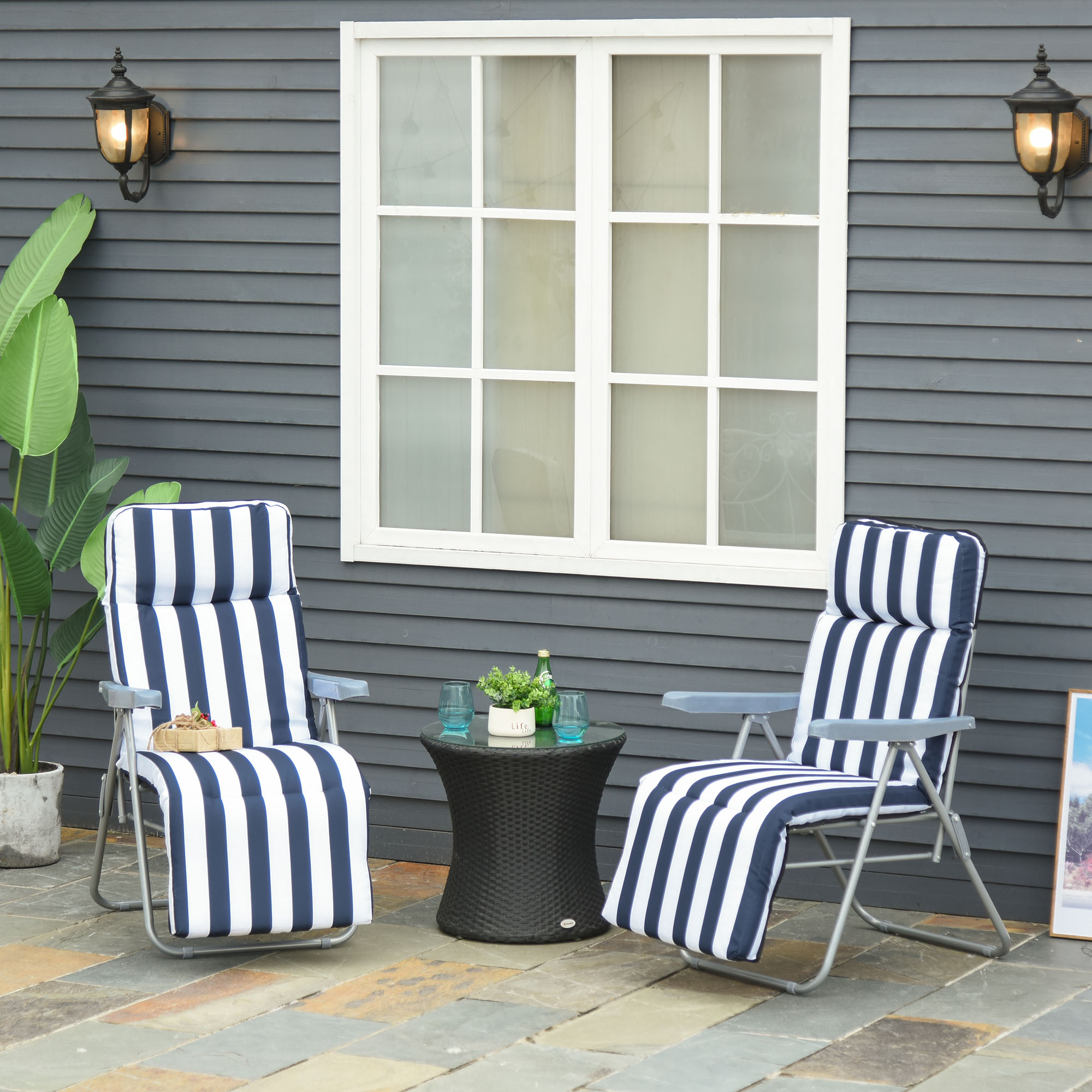 2 x Klappstühle Gartenstuhl Sonnenliege Armlehne klappbar 5 Positionen Auflage Blau 60 x 75 x 102 cm