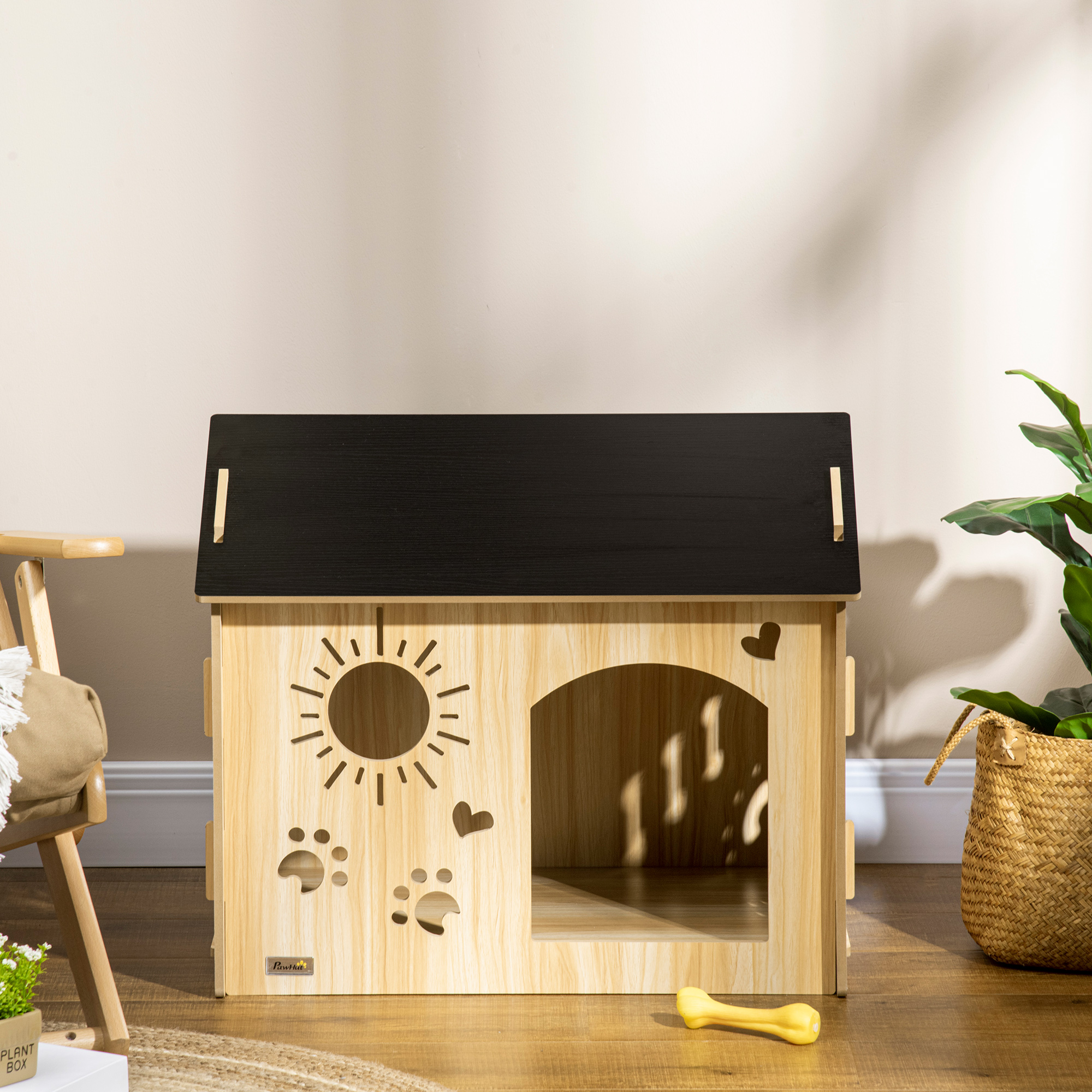 Hundehütte, mit Lüftungsöffnungen, wetterfest, Holzmaterial, Schwarz+Holzfarbe, 69 x 50 x 58,5 cm