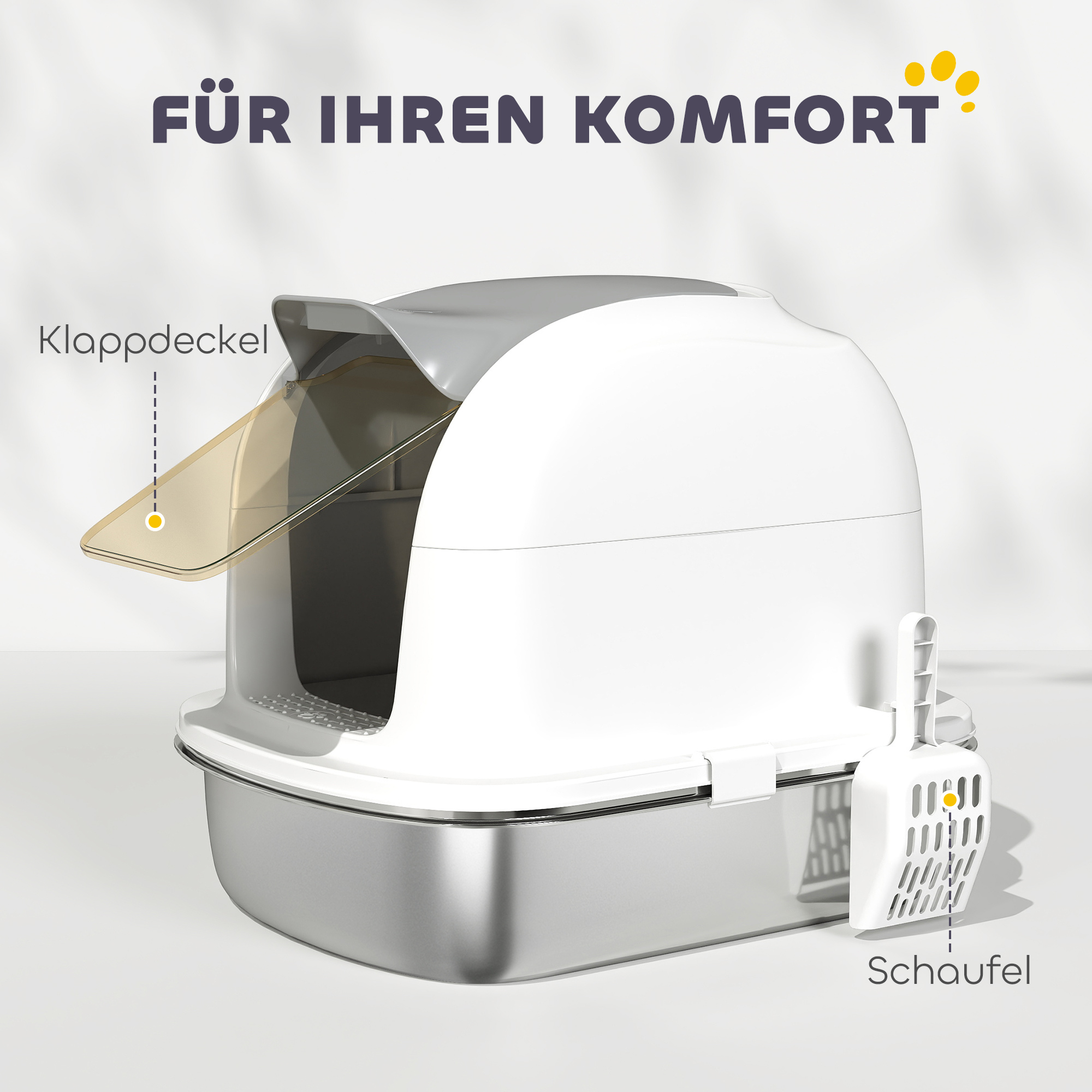 Katzenklo Edelstahl mit Deckel, Katzentoilette mit Wanne, Streuschaufel, für Katze unter 5 kg, 52,4 x 41,3 x 42 cm, Weiß