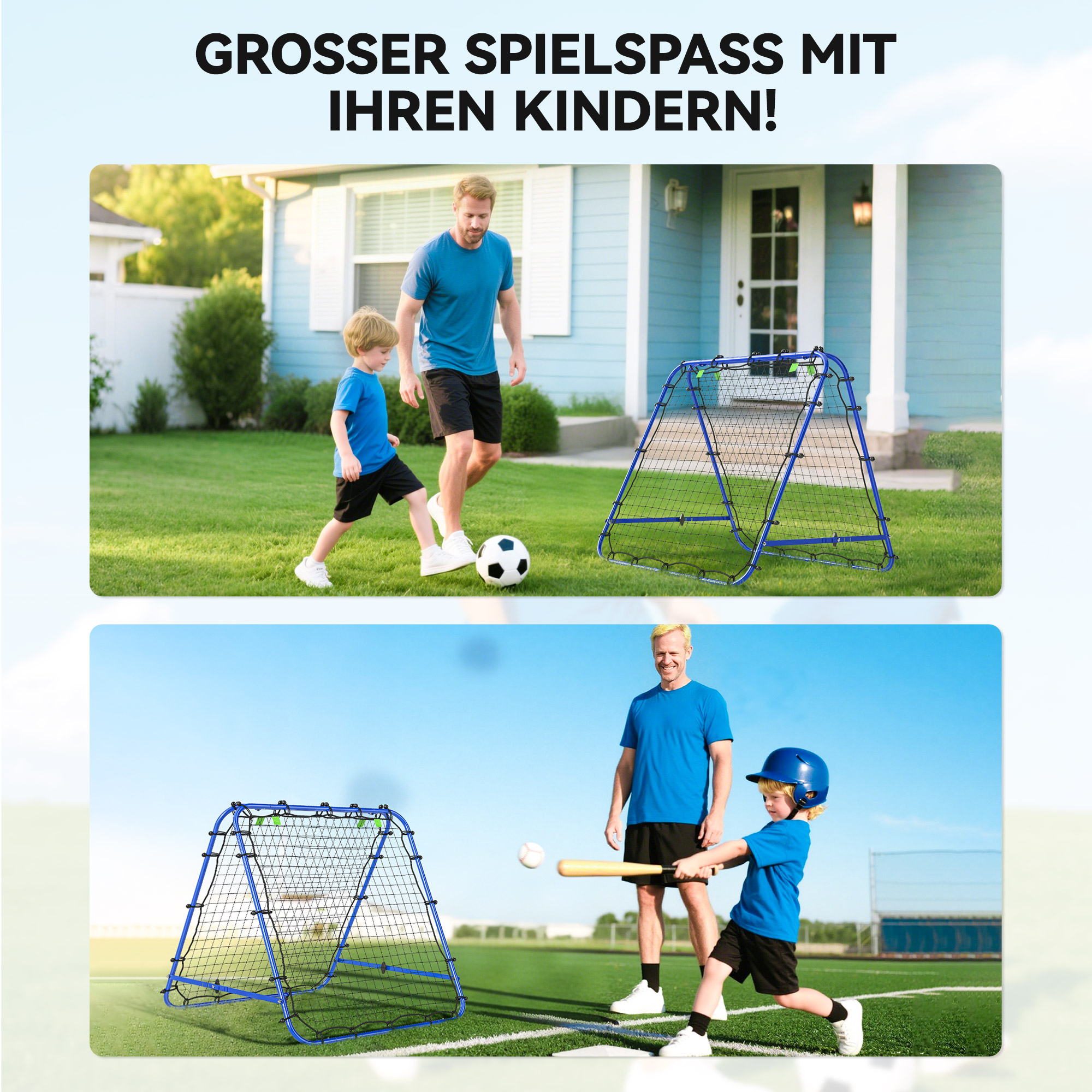 Rebounder für Fußball, verstellbar Prellwand mit 5 Winkelpositionen und Rückprallwand Netz, 100 x 68-95cm Kickback Tor Fußballtor für Jugendliche, Rückprallwand für Handball Training, Blau
