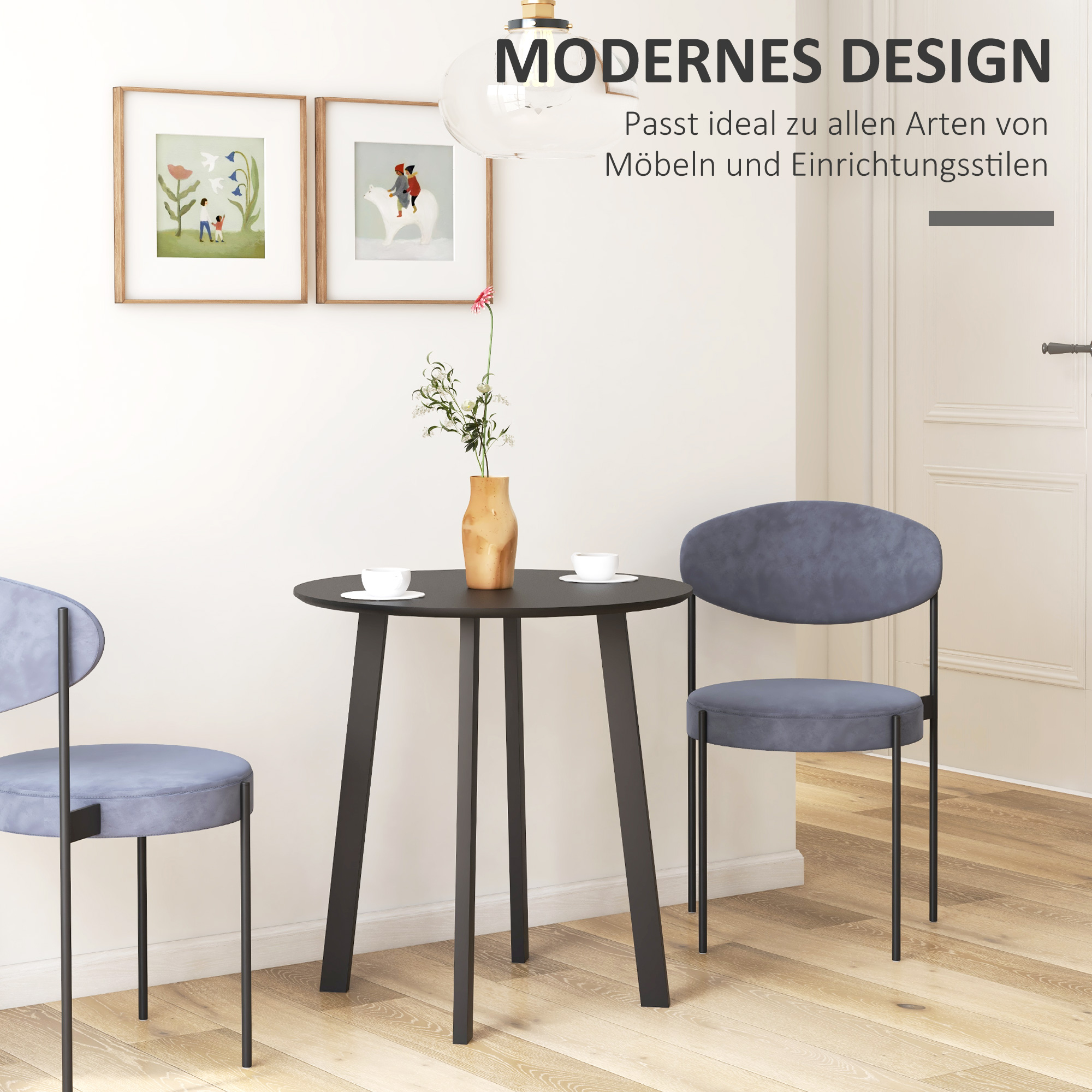 Esstisch für 2 Personen, weiße Tischplatte, Metallbeine mit Fußkappen, Ø72 x 75H cm, Schwarz