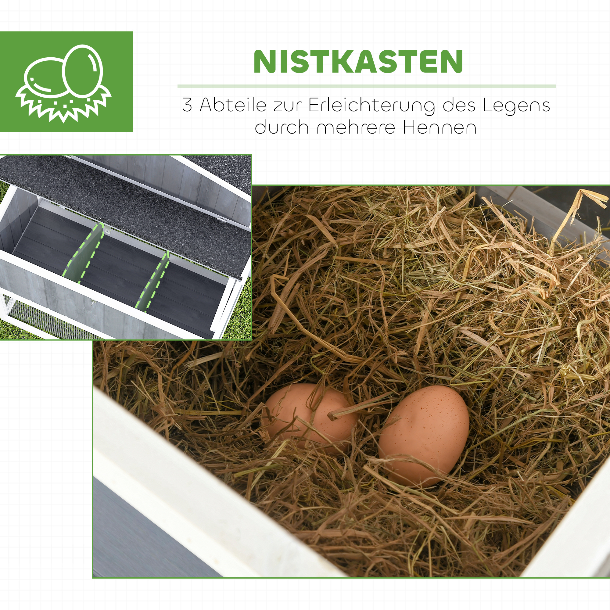 Hühnerstall mit Auslauf für 3-4 Hühner, 3-tlg. Nistkasten, 1,9 m² Fläche, Tannenholz, Grau