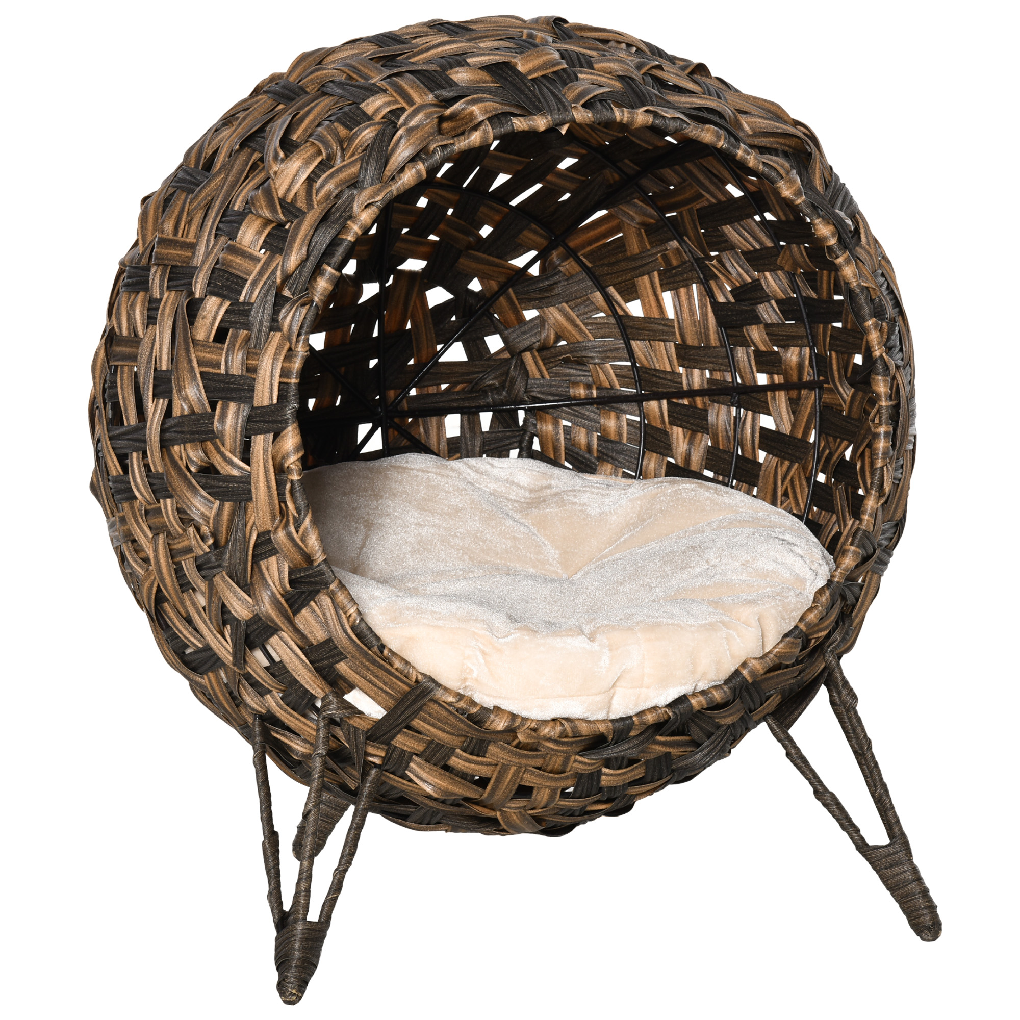 Katzenhaus aus Rattan mit Kissen Katzenschlafplatz Katzenhöhle mit erhöhten Füßen Braun Ø52 x 58 cm