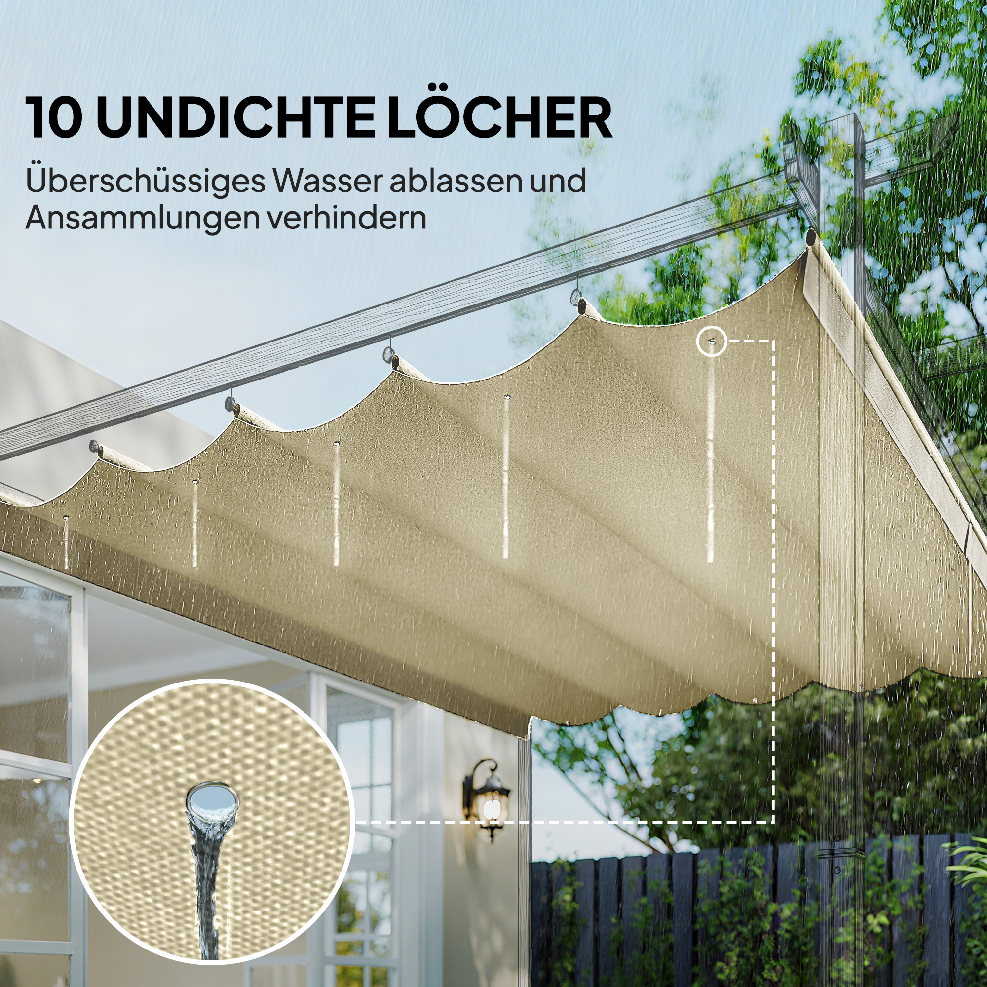 Ersatzdach für 4 x 3 m Pergola, einziehbar, mit Regenabflusslöchern, wetterfest, Polyester, Cremeweiß