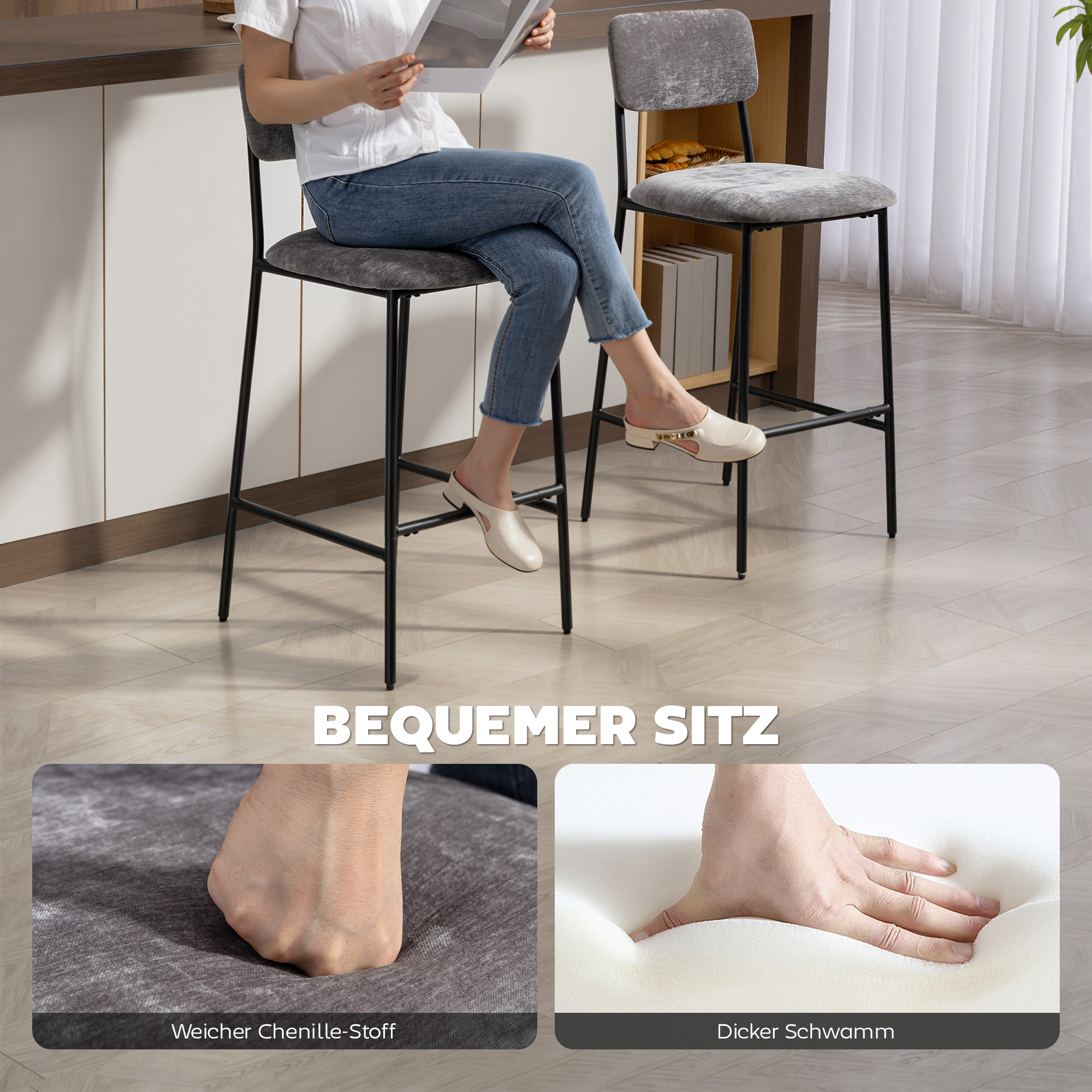 2er-Set Barstühle, gepolsterte Hochstühle für Küchentheke, Hausbar, Rückenlehne, Fußstütze, Stoffbezug, Stahl, Grau