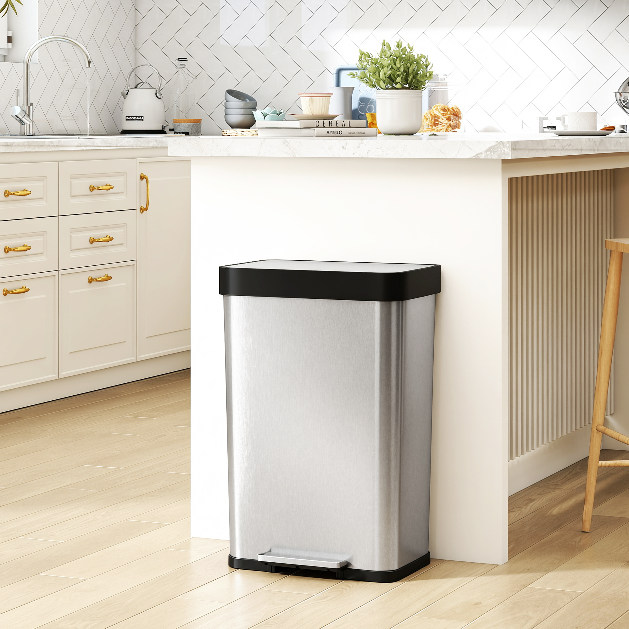 60 L Mülleimer mit Fußpedal, Edelstahl-Abfalleimer mit sanft schließendem Deckel, Silberfarben