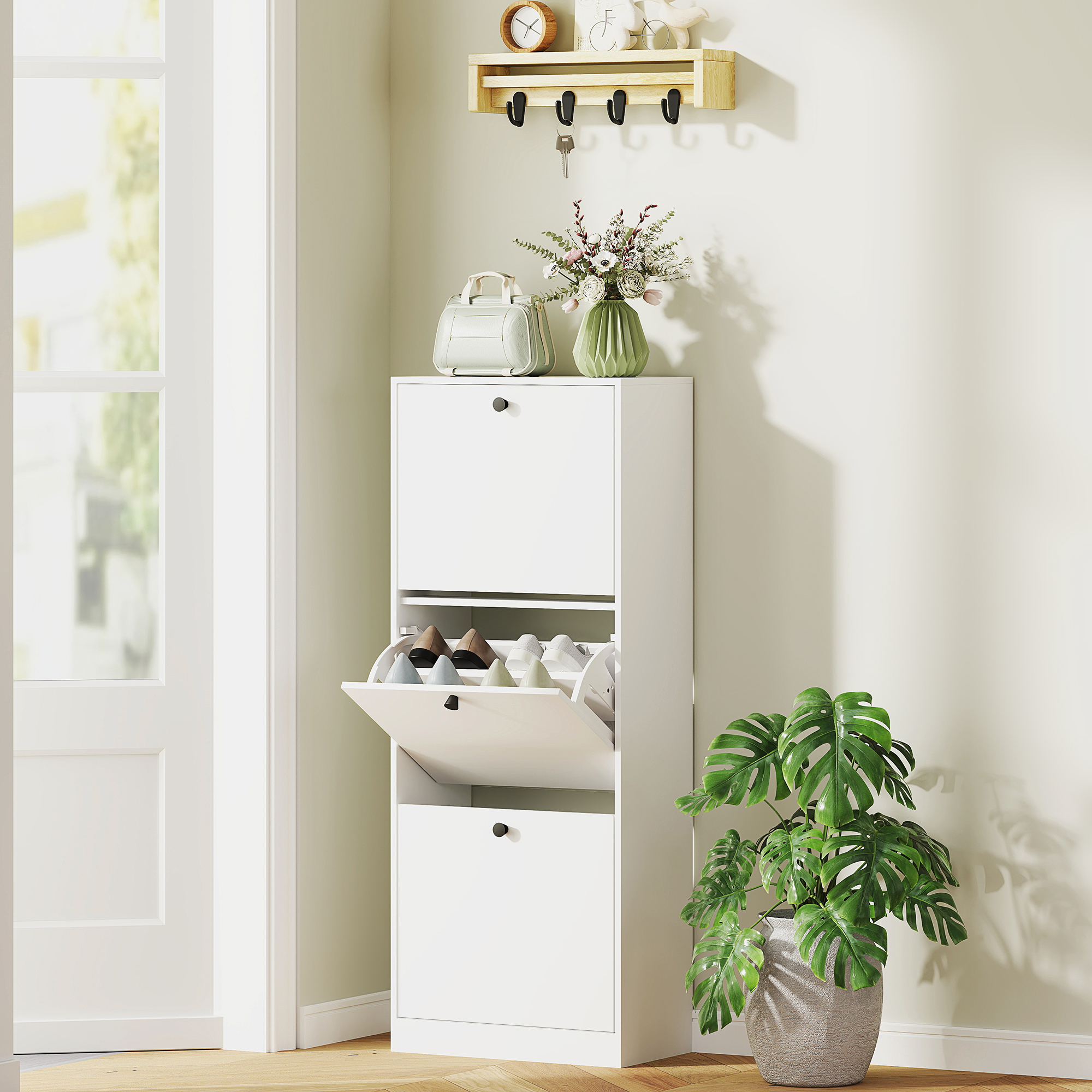 Schuhschrank, 3 Schubladen, für bis zu 12 Paar Schuhe, Spanplatte, Weiß