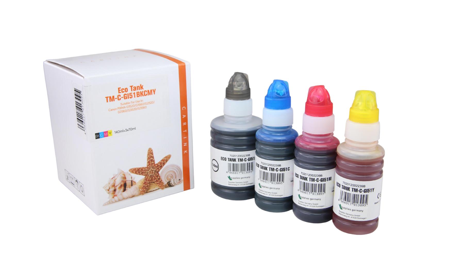Multipack GI51 alternativ Eco Tank Nachfüllflasche für Canon / 4529/454648C001 / BK140ml / CMY70ml Multipack GI51 alternativ Eco Tank Nachfüllflasche für Canon / 4529/454648C001 / BK140ml / CMY70ml