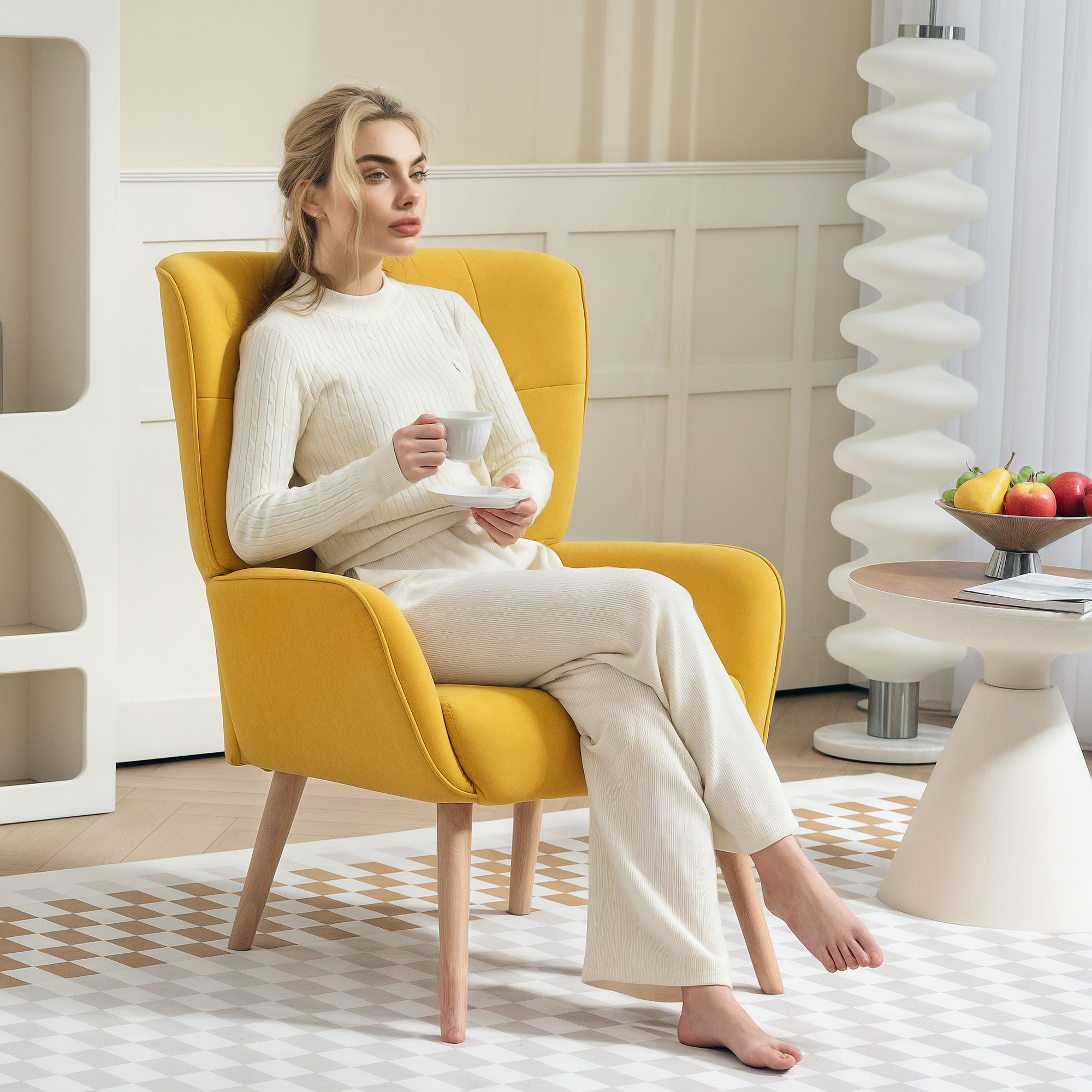 Polstersessel, Wohnzimmersessel mit Steppung, weicher Bezug in Samtoptik, bis 120 kg, Gelb