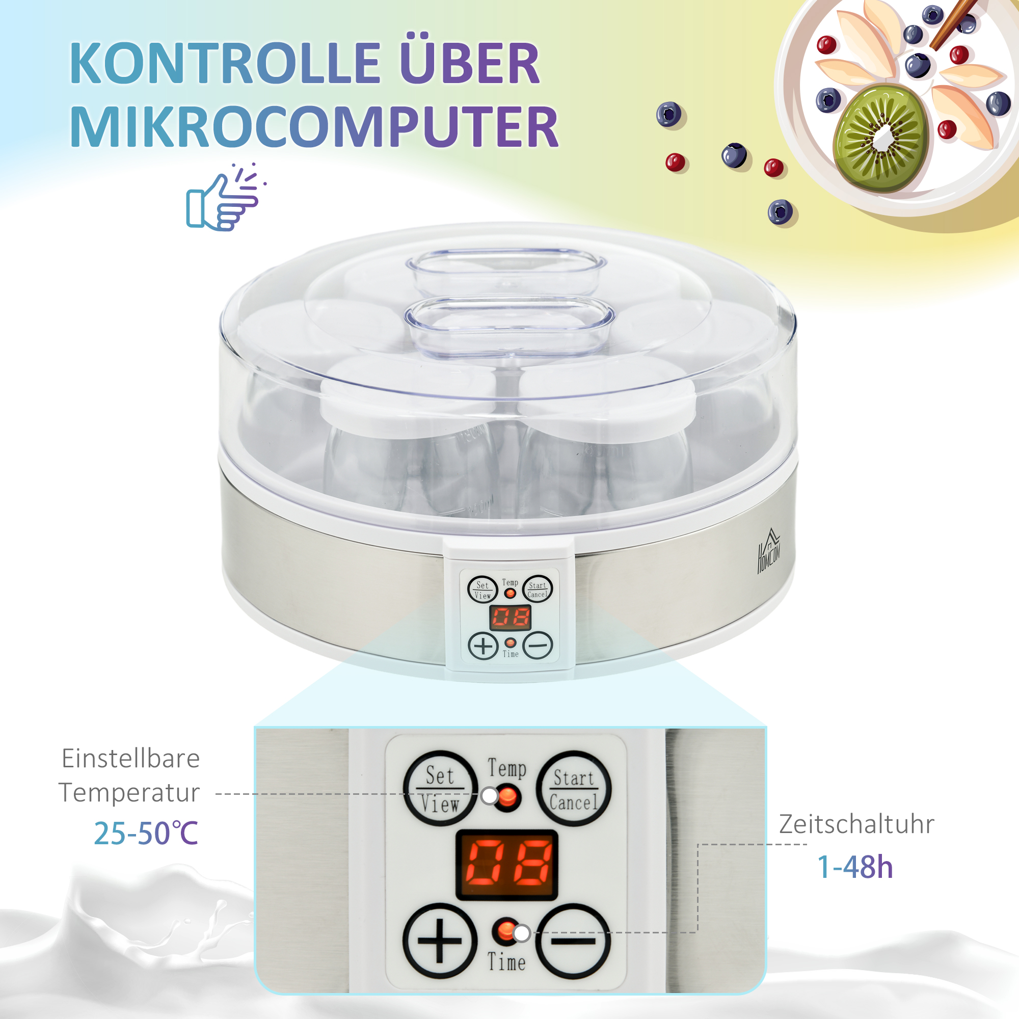 Joghurtbereiter Joghurtmaschine, inkl, 7 Gläsern, Edelstahl, 24 cm x 24 cm x 13 cm, Silber + Weiß