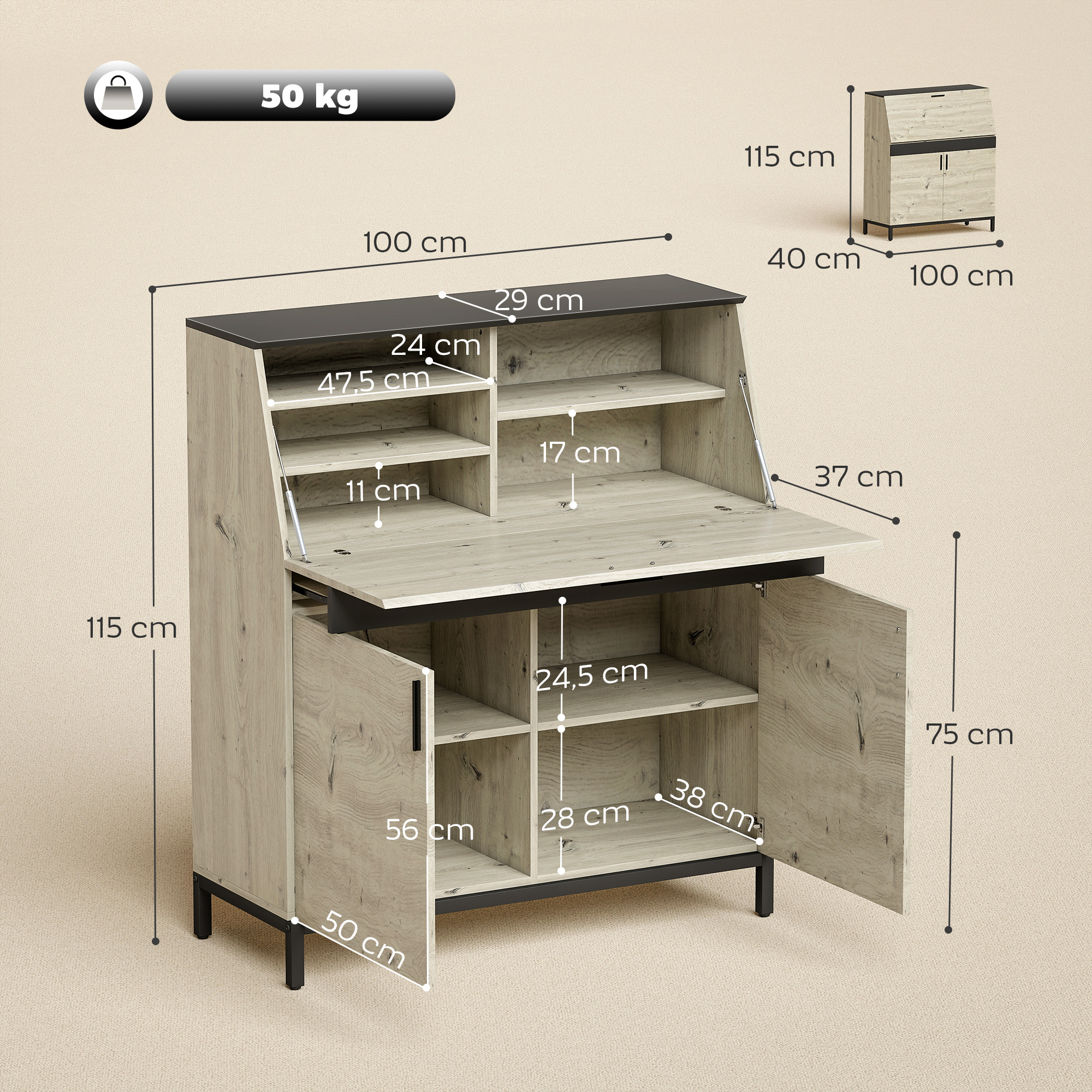 Sekretär-Schreibtisch mit Regalen und Metallrahmen 100 cm Naturholz und Schwarz
