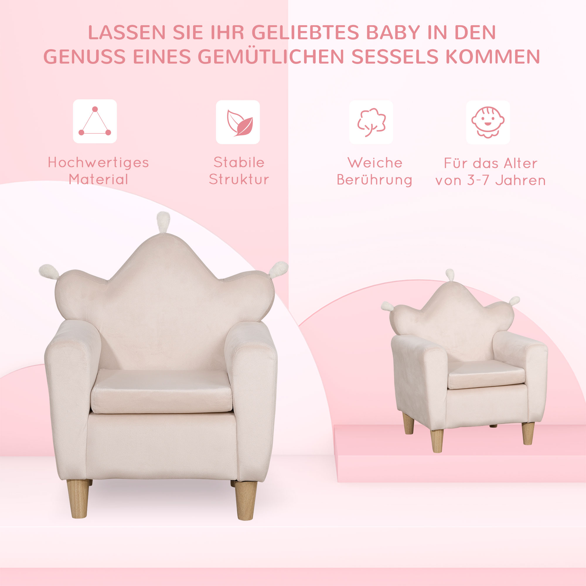 Kindersessel für Kinder 3-5 Jahre, weicher Stoffbezug, Rahmen aus Eukalyptusholz, 50 x 42 x 58cm, hellrosa