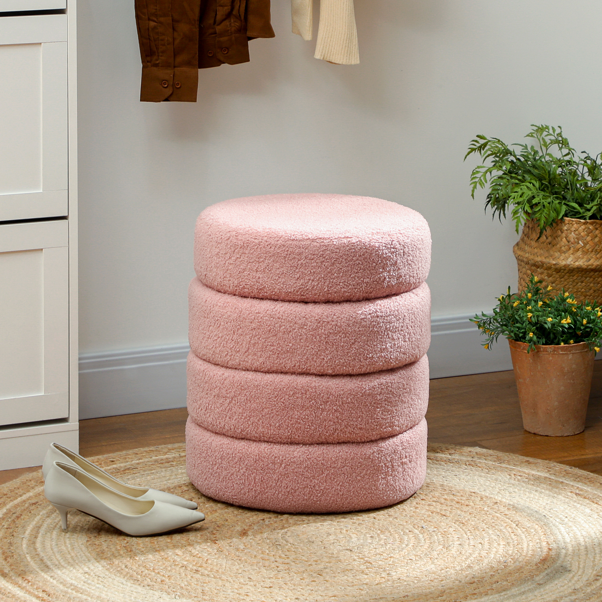 Hocker, rund, Teddyfleece, bis 120kg, ?40x45H cm, Rosa