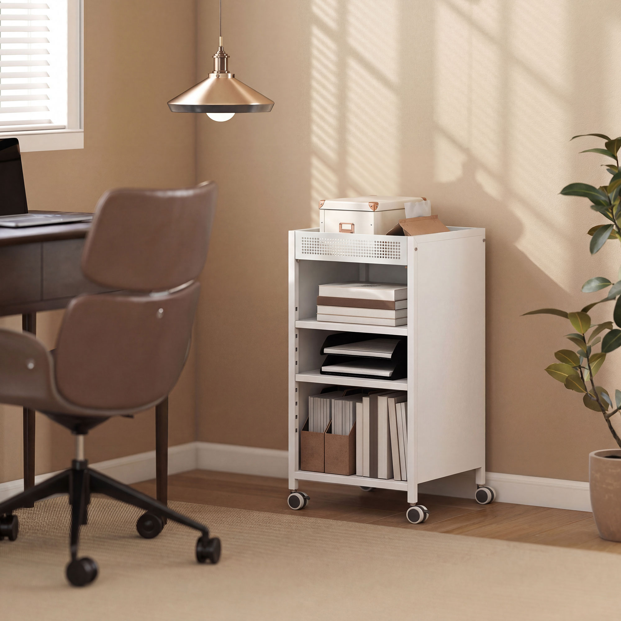 Bücherregal mobil mit verstellbaren Regalen, 3-stufiger Rollwagen mit oberem Korb, Weiß