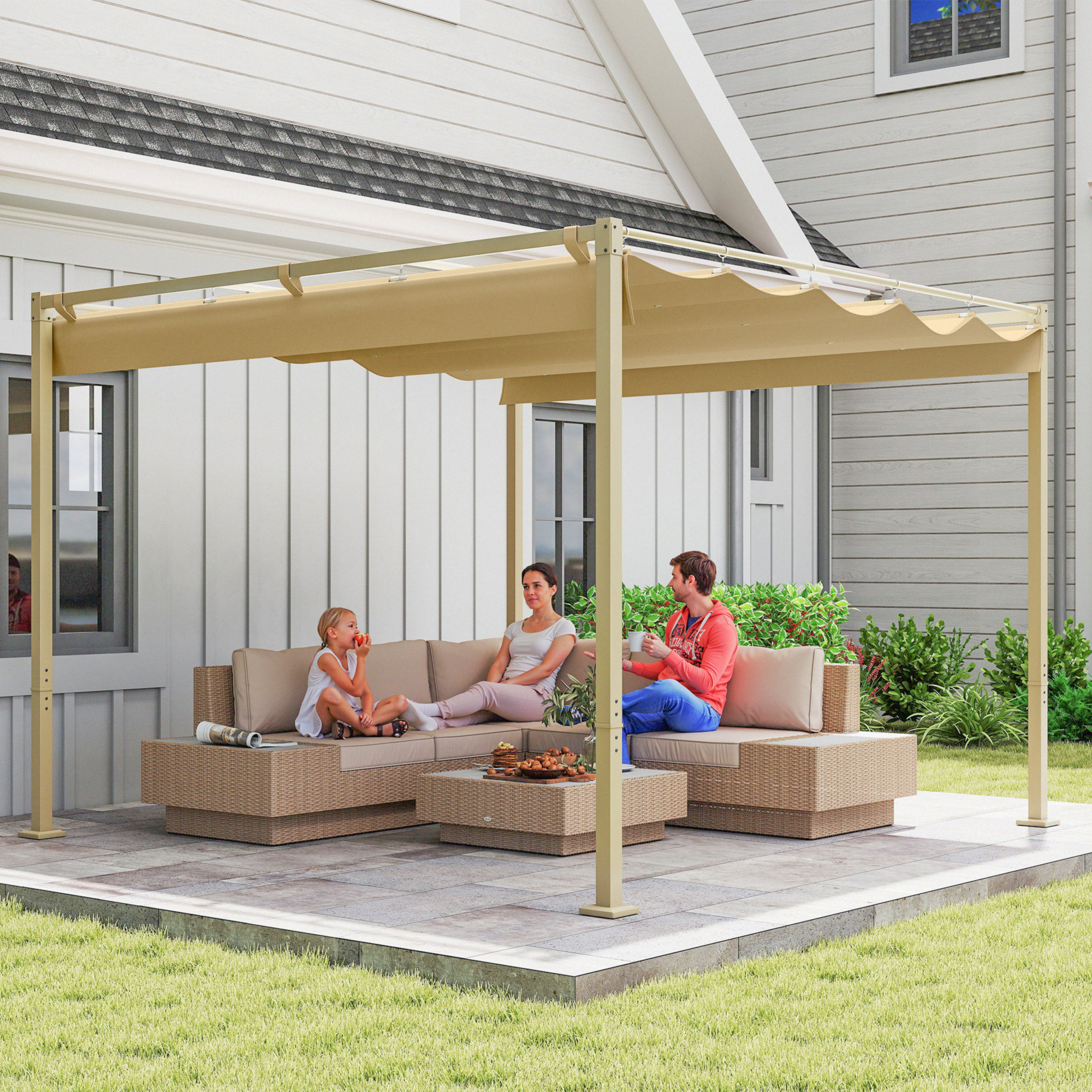 3 x 3 m Garten-Pergola mit einziehbarem Dach, Pavillon, Baldachin für Schatten, UPF30+, Khaki