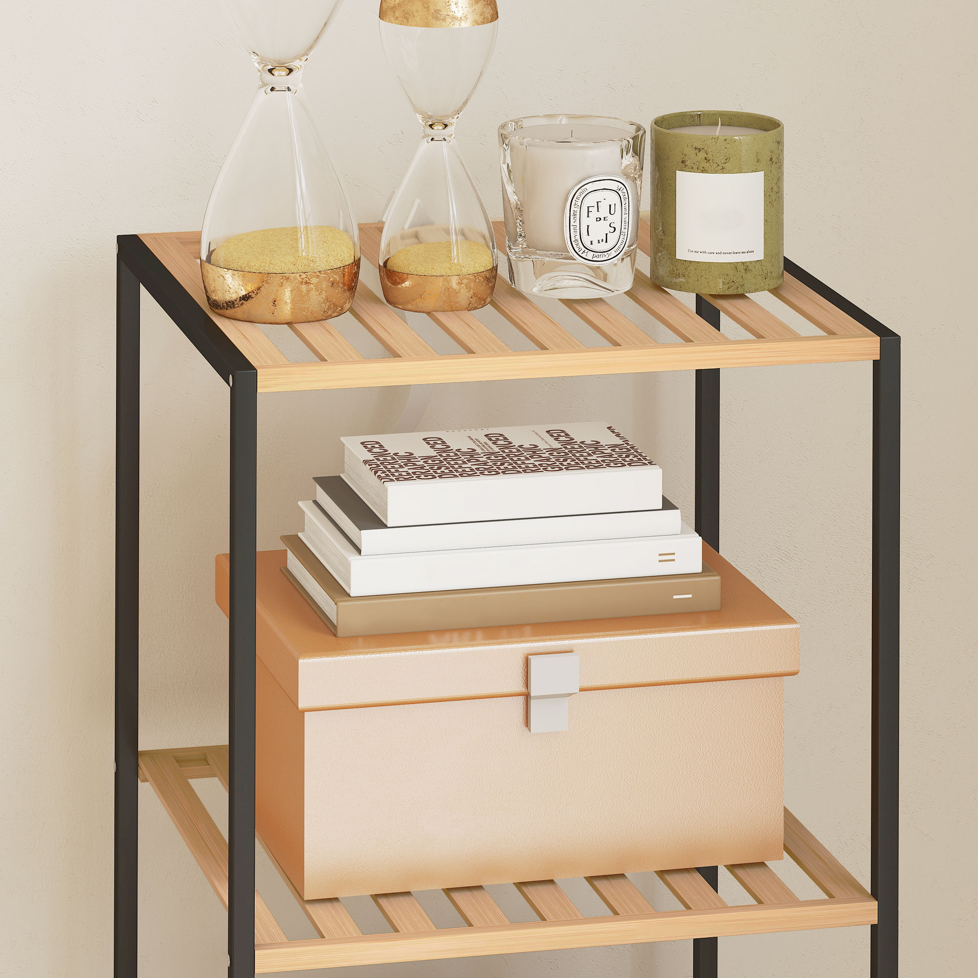 Standregal Badregal aus Bambus und Stahl, mit 4 Ablagen, 4-stöckiges Bücherregal, 36,5 x 33 x 110 cm, Natur