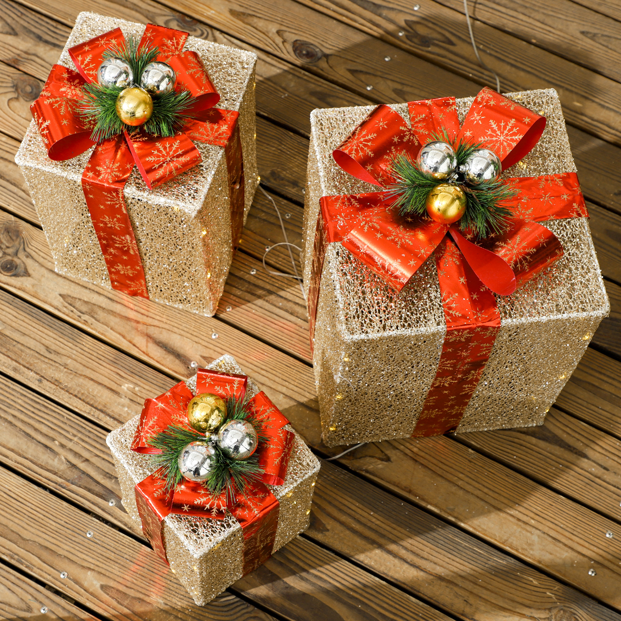 3-teiliges Weihnachts-Geschenkboxen-Set für Innen- und Außendekoration, mit 58 LED-Lichtern, Goldton