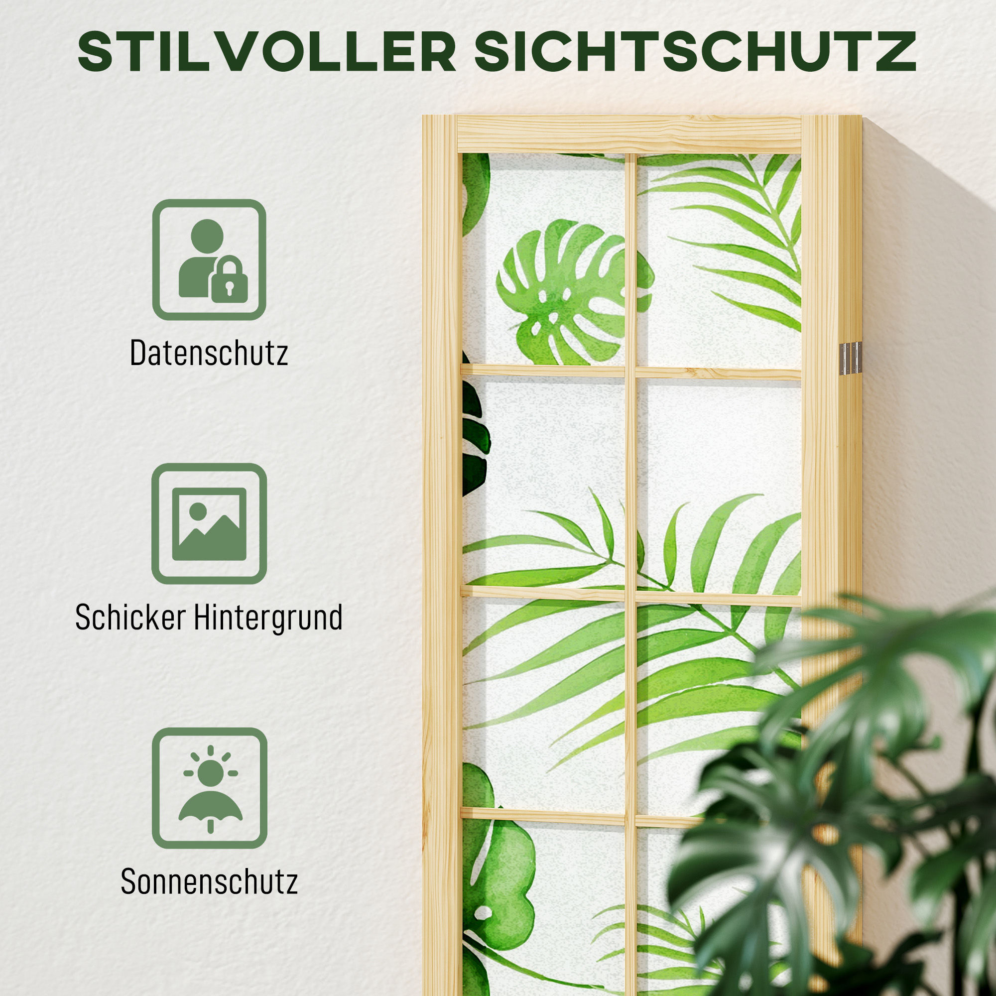 4-teiliger Raumtrenner, faltbar, Boho-Design, tropisches Motiv, freistehender Raumteiler, Holzrahmen, Grün