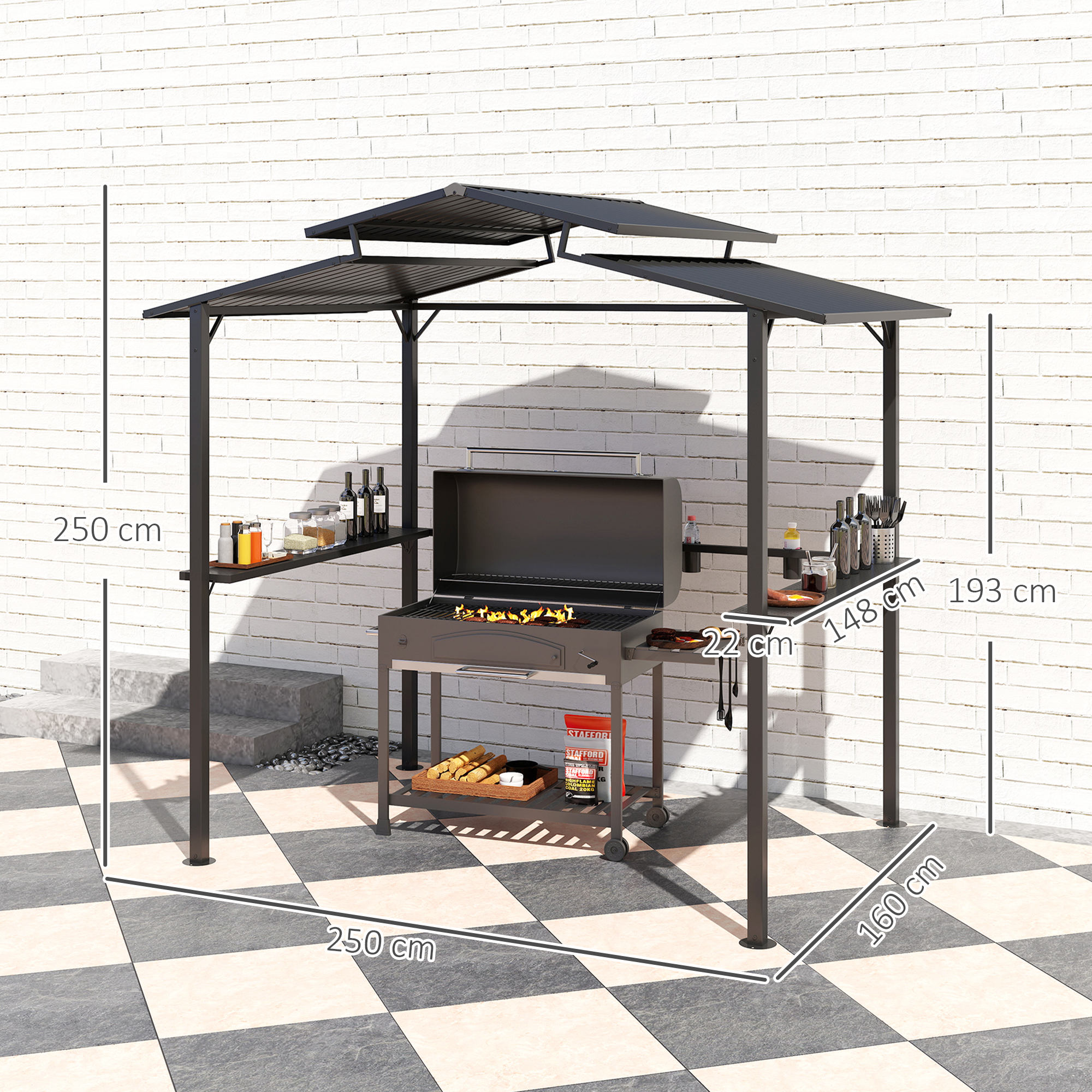Grillpavillon 250 x 160 x 250 cm wasserdicht Gartenpavillon mit Doppelschichtdach, Seitenregalen Schwarz