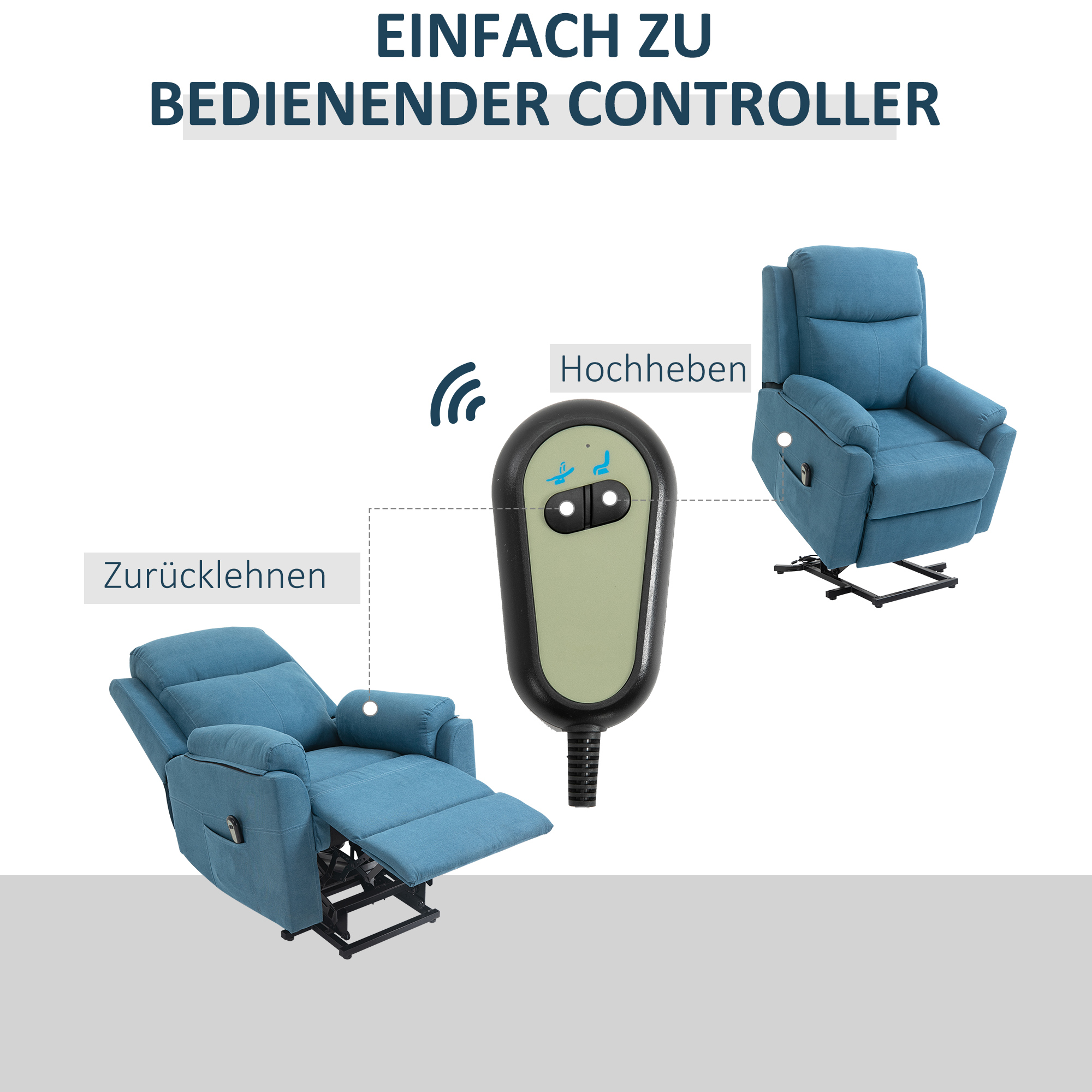 Fernsehsessel mit Aufstehhilfe Elektrisch Relaxsessel mit Liegefunktion, TV-Sessel mit Fernbedienung Seitentasche Taschenfederkern Leinenoptik Blau