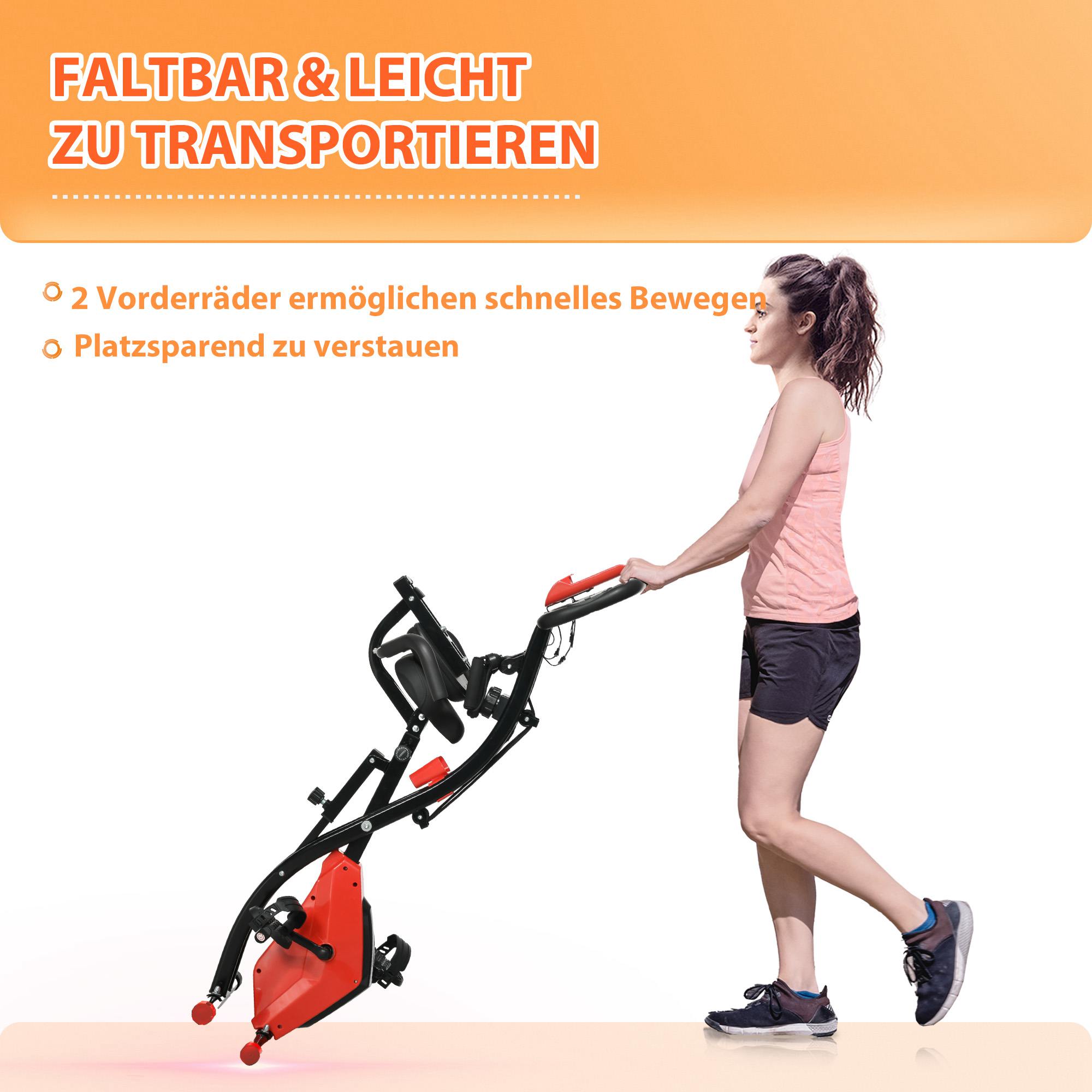 Heimtrainer X-Bike 2-in-1 Fahrradtrainer mit LCD-Display,Pulsmesser, klappbarer Hometrainer Trimmrad mit 8 stufig Magnetwiderstand, 1 Paar Spannseil, Stahl Rot 105x48x118 cm