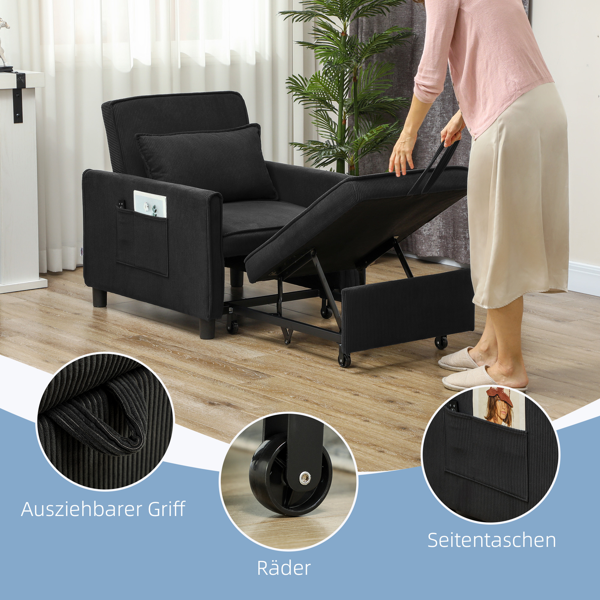 Schlafsessel, verstellbar, 3 Positionen, Cordbezug, bis 120 kg, Schwarz