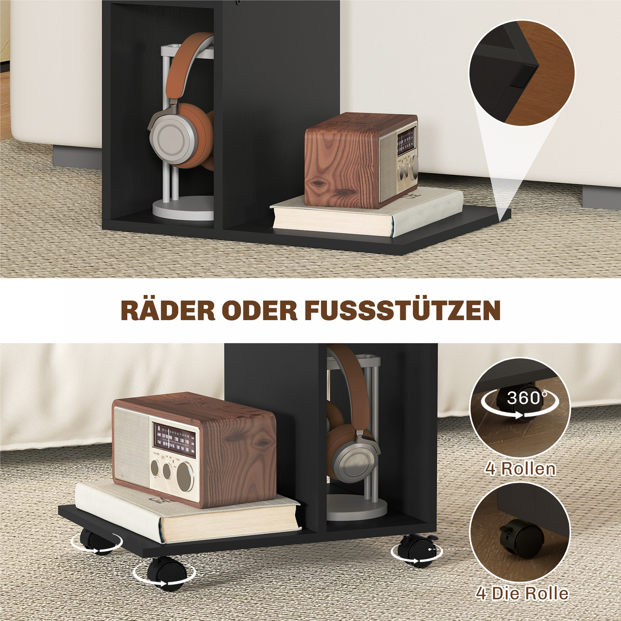 Beistelltisch, C-förmiger Servierwagen, 4 Rollen, 3 Fächer, 40 x 30 x 69 cm, Schwarz