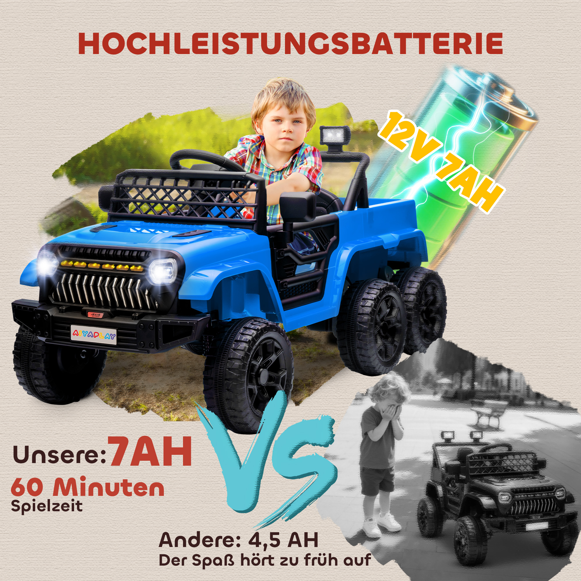 12V Elektrisches Kinderauto, mit Anhänger, LED-Lichtern, Musik und Hupe, für Kinder im Alter von 3-8 Jahren, Hellblau