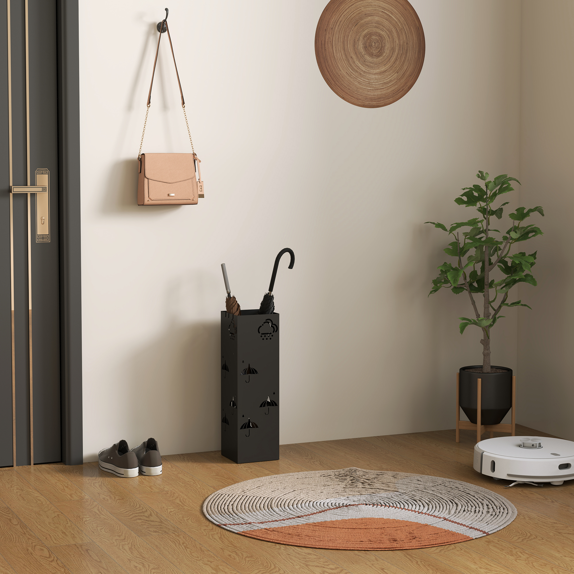 Schirmständer aus Metall, 4 Haken, Wolken- und Schirmmuster, Tropfblech, Schwarz