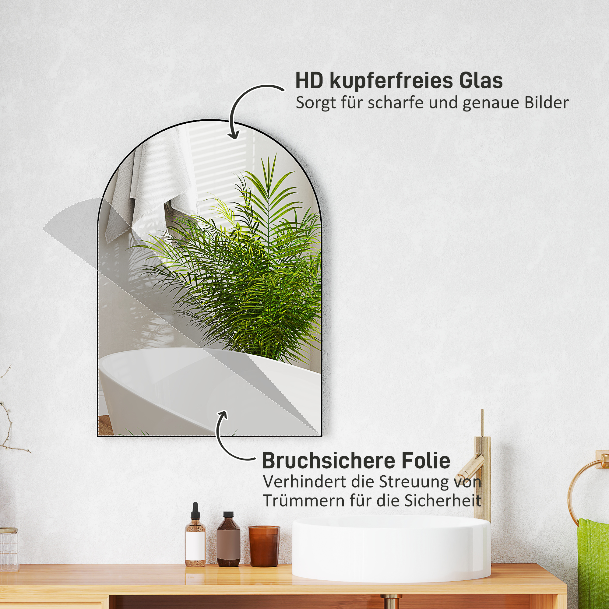 Gebogener Badezimmerspiegel, 50 x 70 cm, Bad-Spiegel mit Aluminium-Rahmen, Deko-Spiegel, Küche, Schwarz