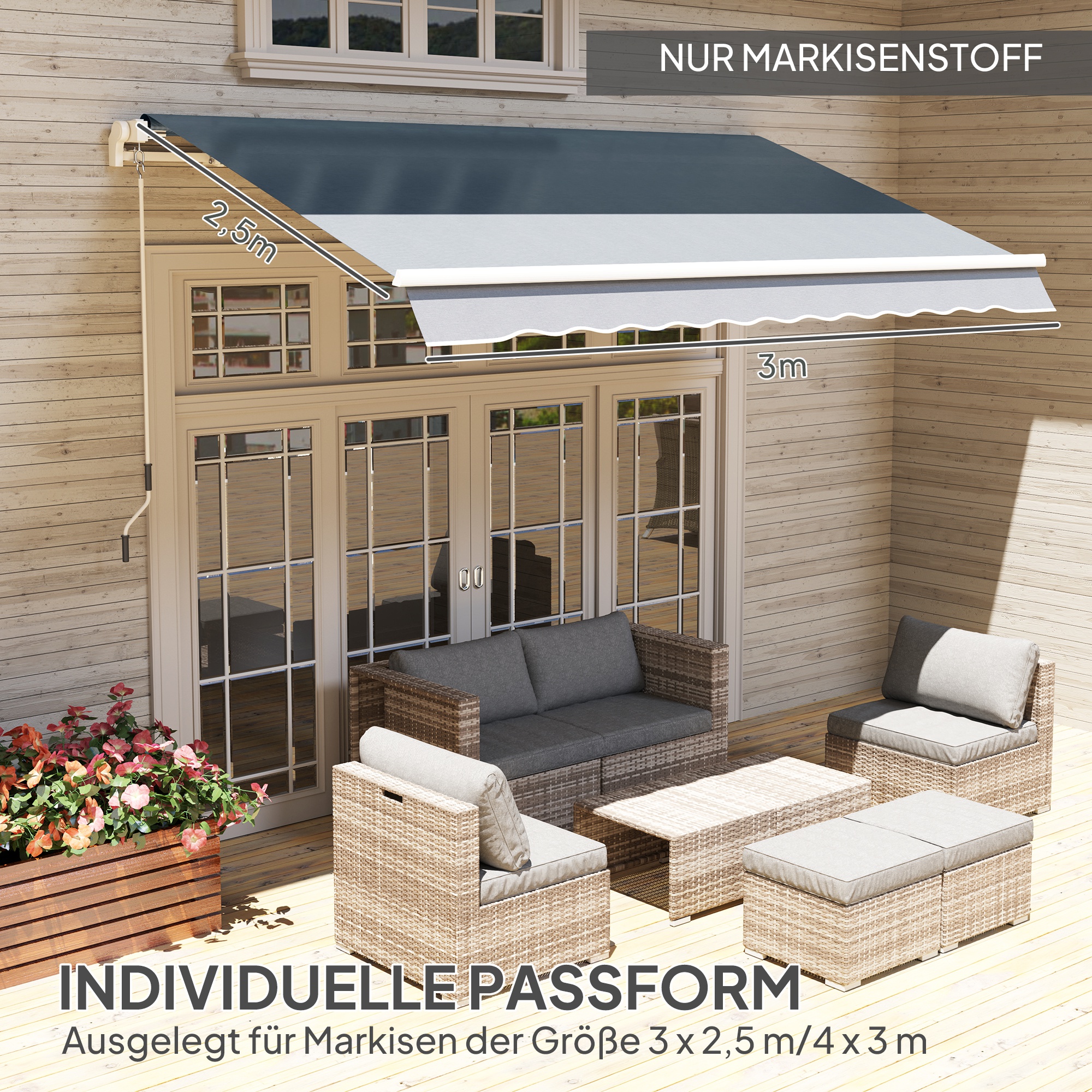 Markisenbespannung Markisenstoff mit Volant Wasserabweisend Ersatzstoff für 4 x 3  m Markisen Grau