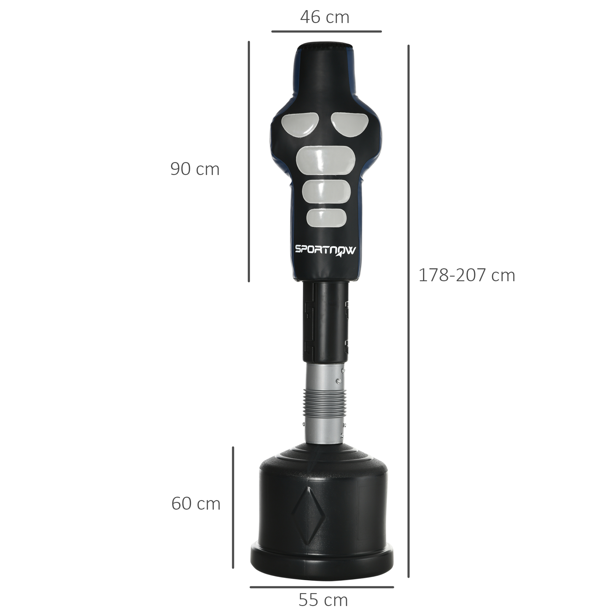 Boxdummy, freistehend, höhenverstellbar, schwerer Standfuß, Kunstleder, schwarz+grau+blau, 55 x 55 x 178-207 cm
