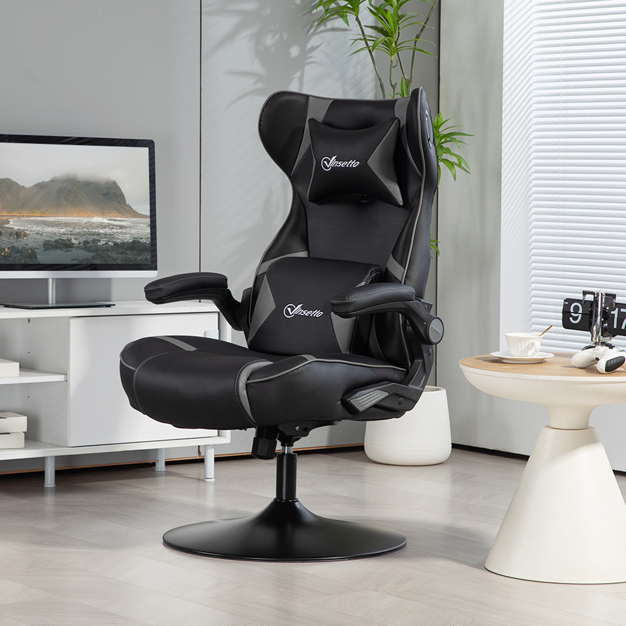 Gaming Stuhl mit Schaukelfunktion und Lautsprecher, Lenden- und Nackenstütze, für Spielzimmer, Kunstleder, Grau+Schwarz