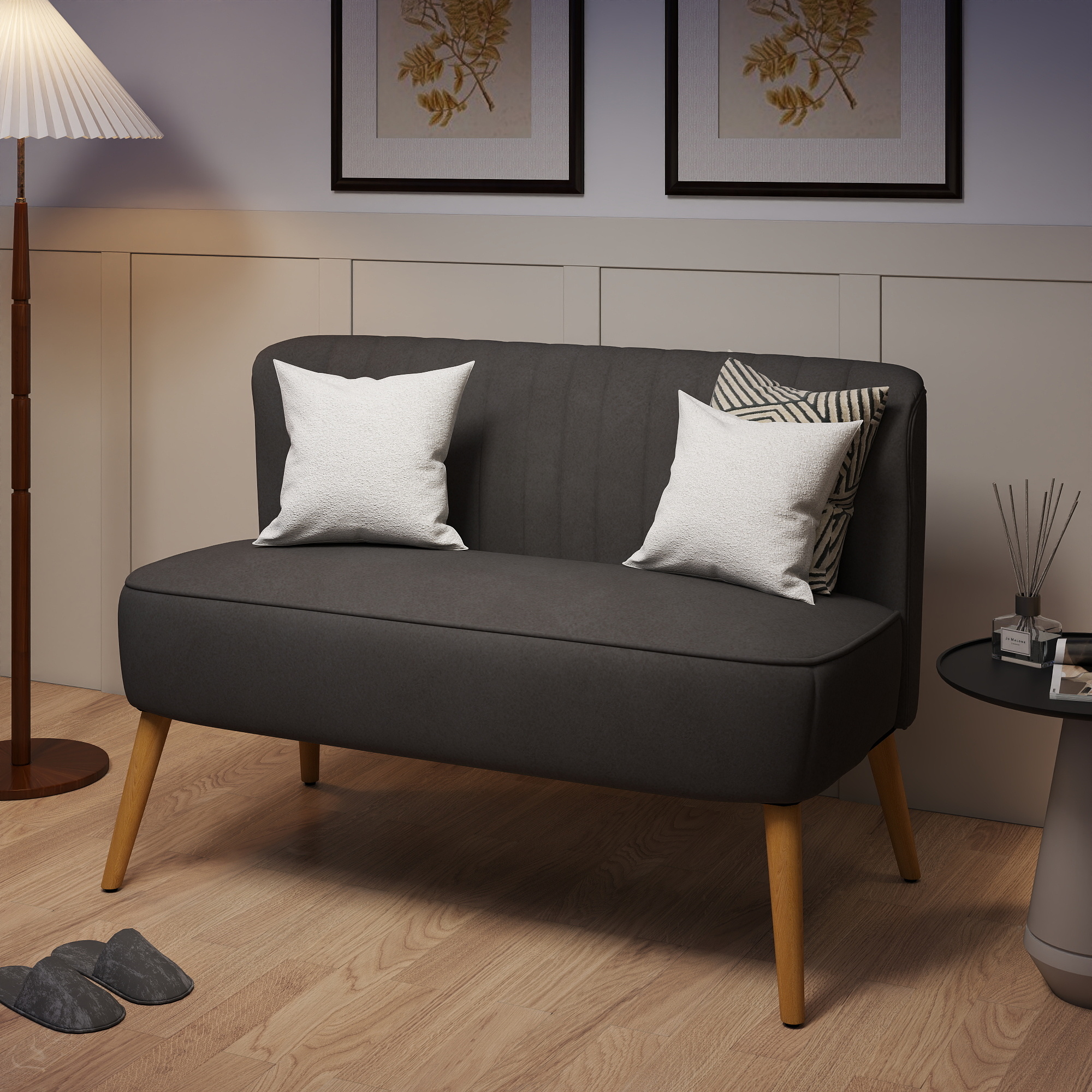 Sofa Retrodesign 2-Sitzer-Sofa, Holzbeine, 117 cm x 56,5 cm x 77 cm, Dunkelgrau